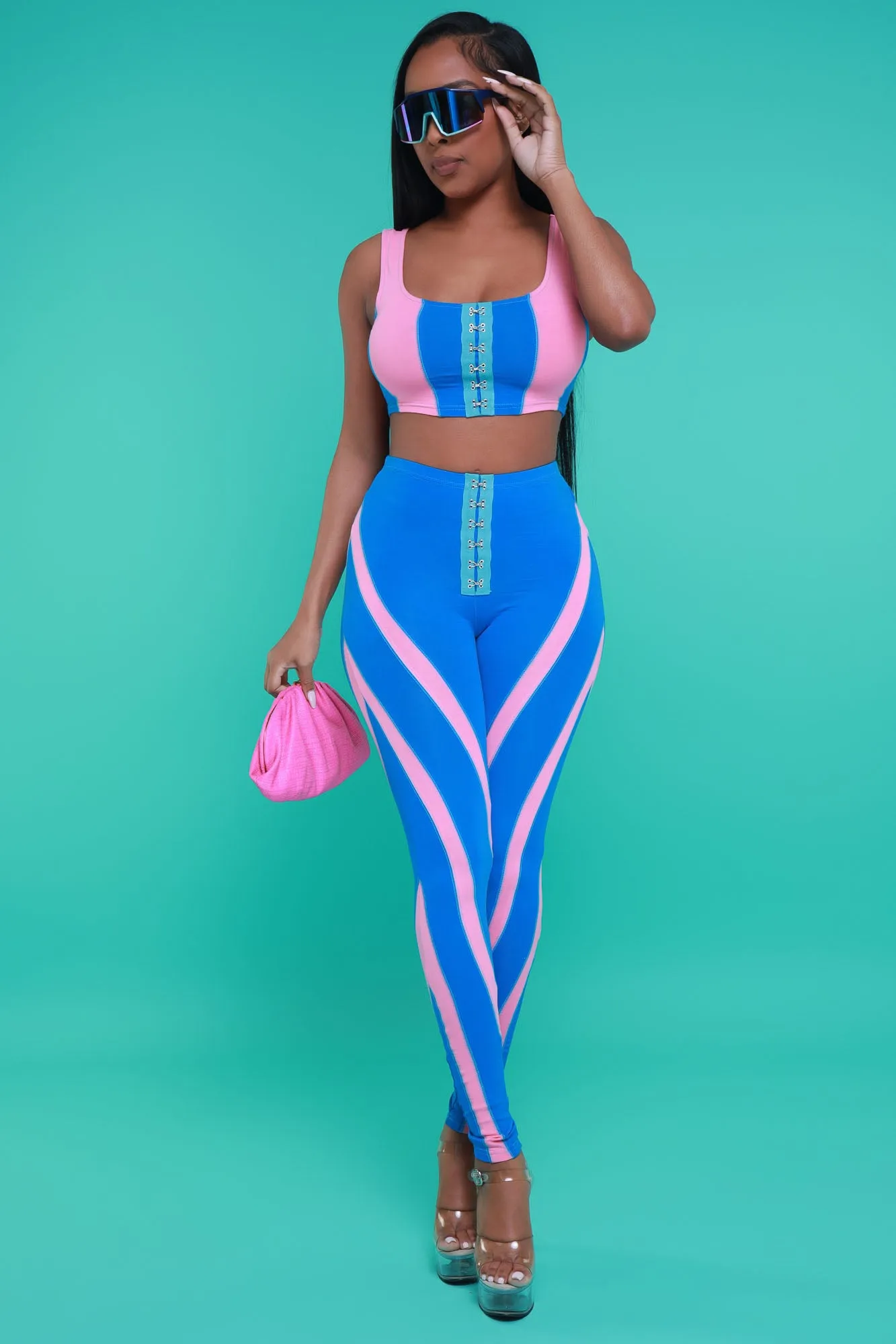Crawling Back Cropped Color Block Pants Set - Blue/Coral