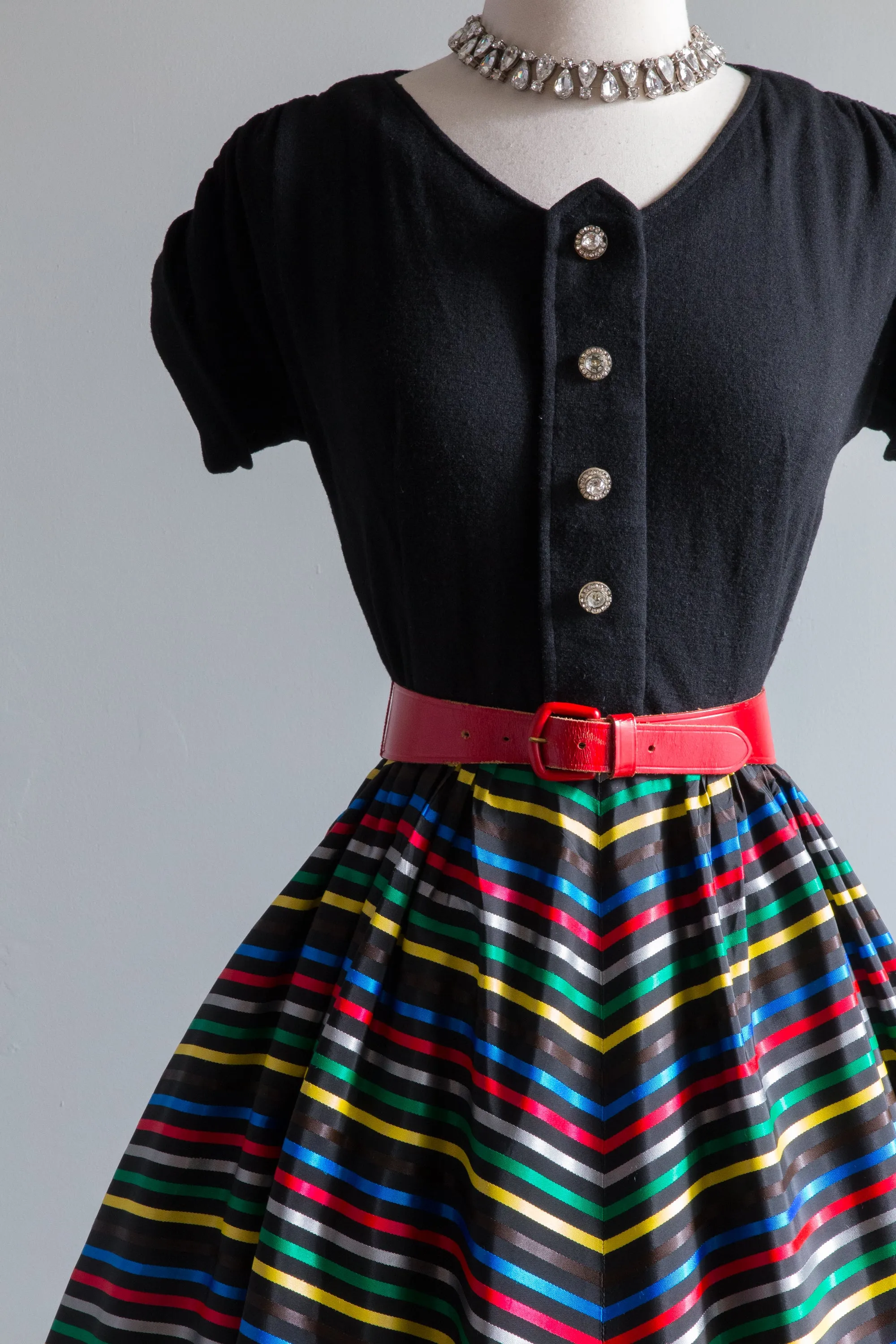 Darling 1950's Ribbon Candy Striped Party Dress / Waist 26