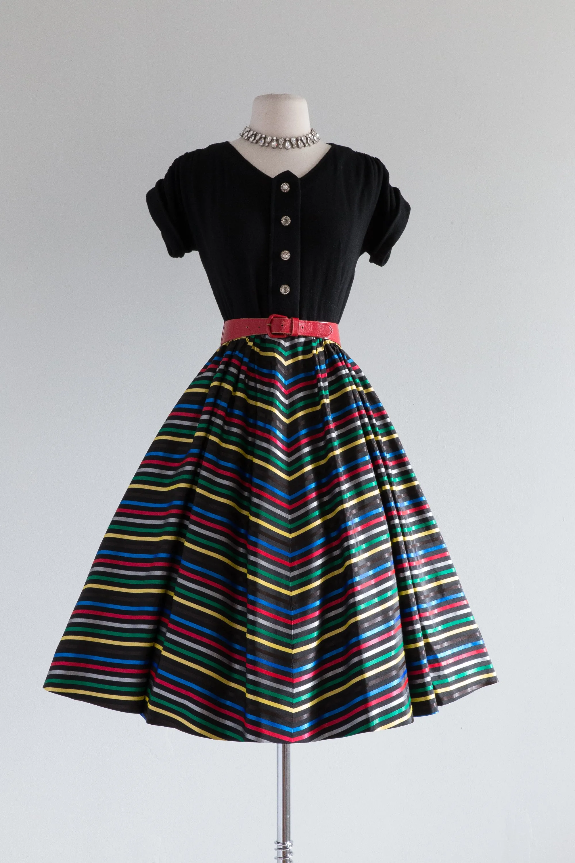 Darling 1950's Ribbon Candy Striped Party Dress / Waist 26