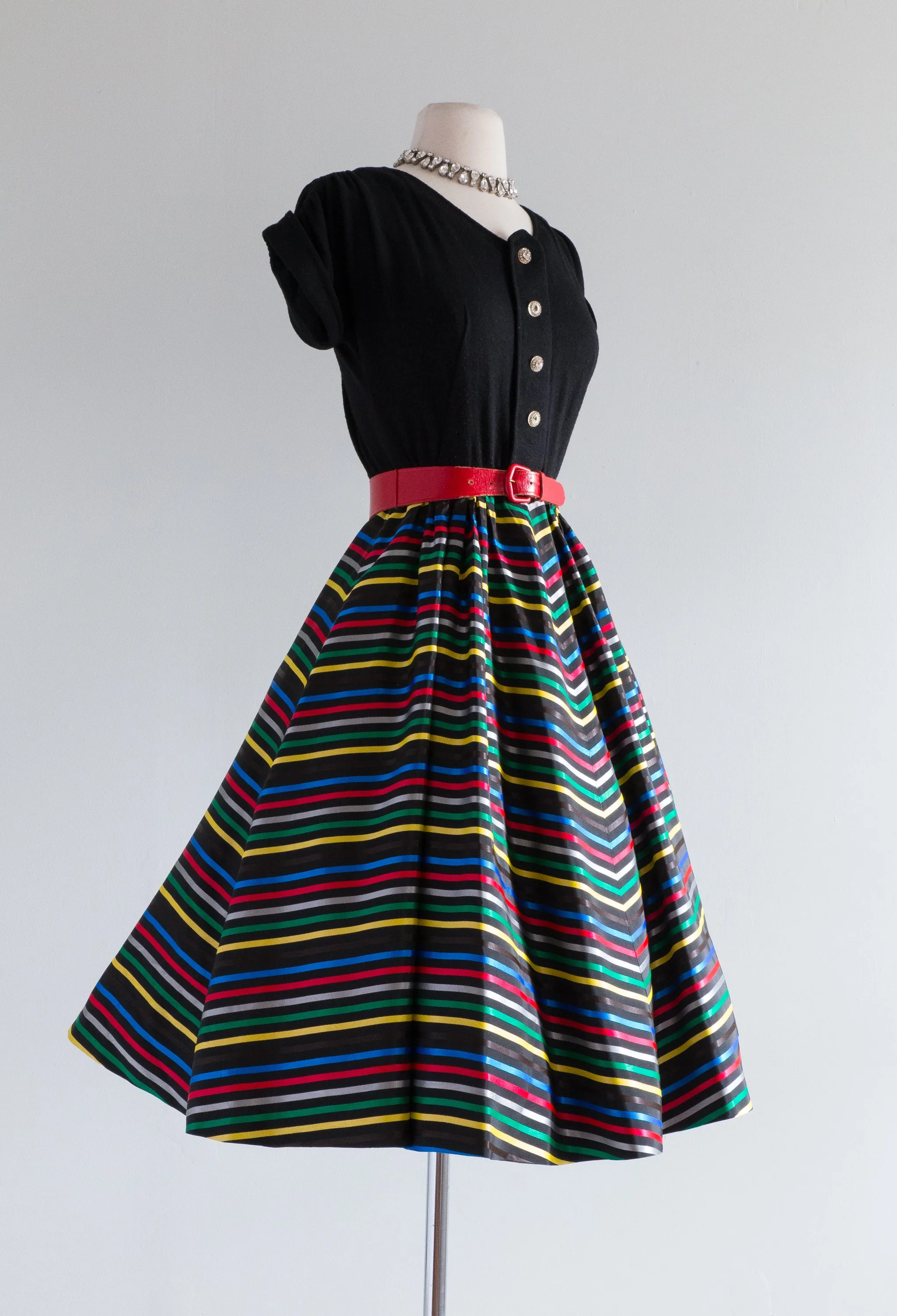 Darling 1950's Ribbon Candy Striped Party Dress / Waist 26