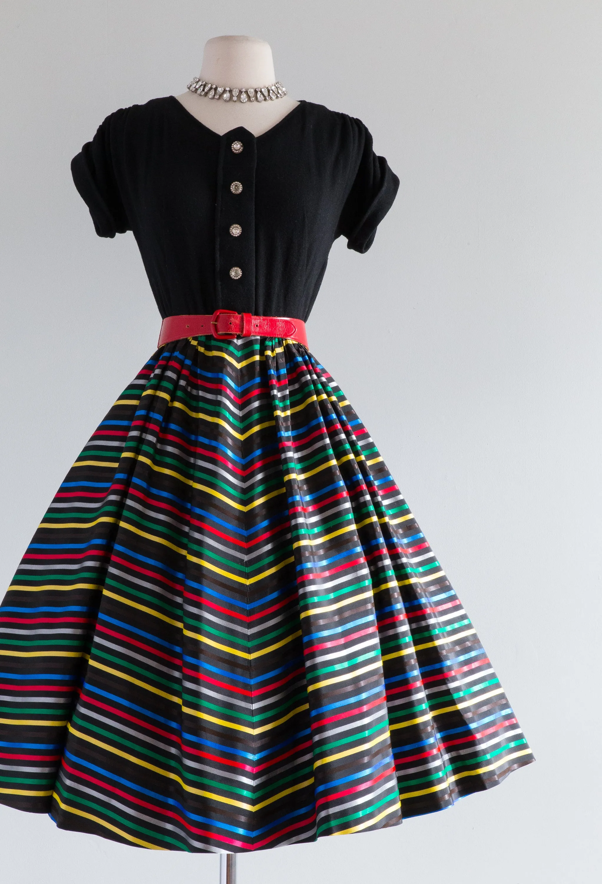 Darling 1950's Ribbon Candy Striped Party Dress / Waist 26