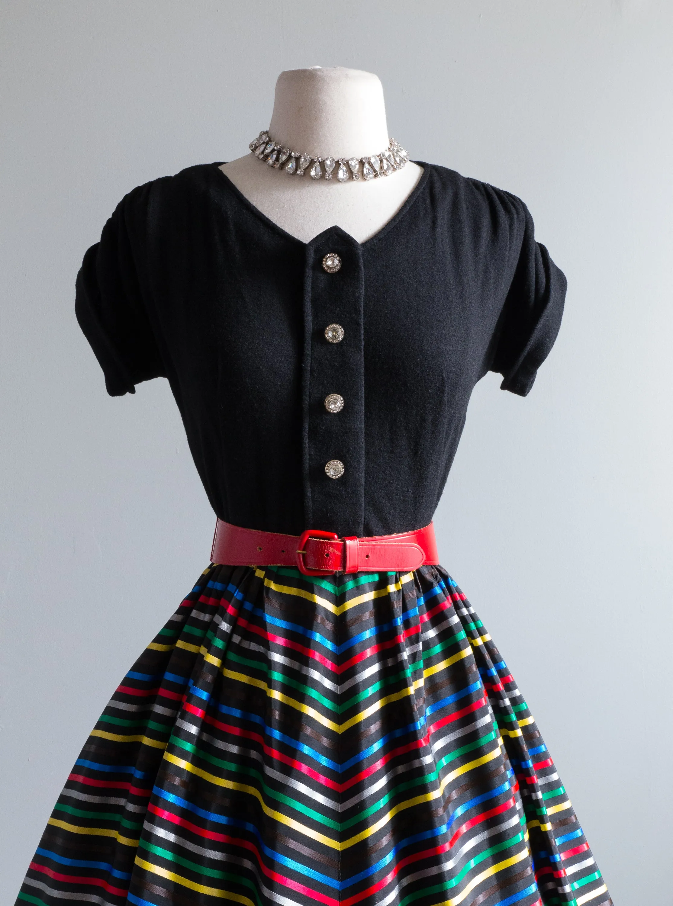 Darling 1950's Ribbon Candy Striped Party Dress / Waist 26