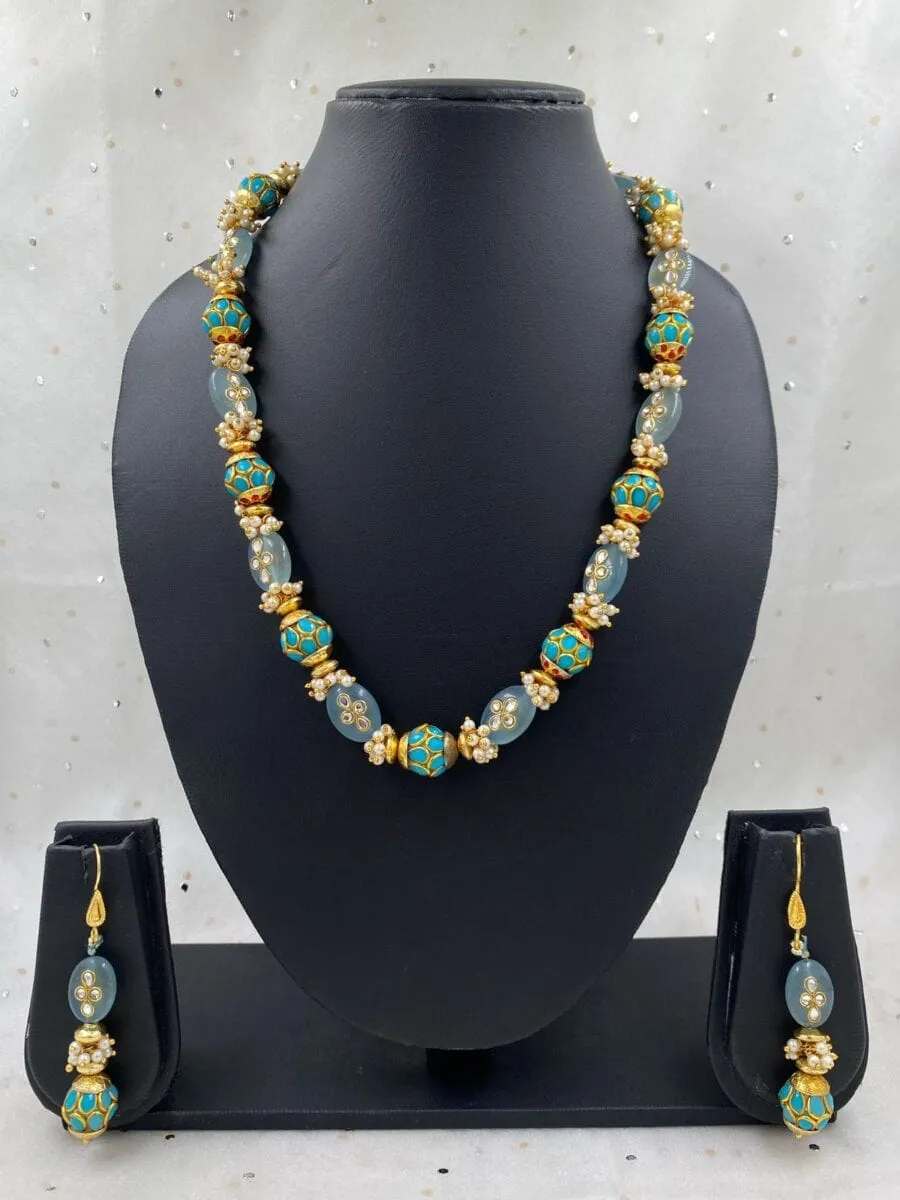 Designer Semi Precious Blue Jade And Pearls Fancy Beads Necklace By Gehna Shop