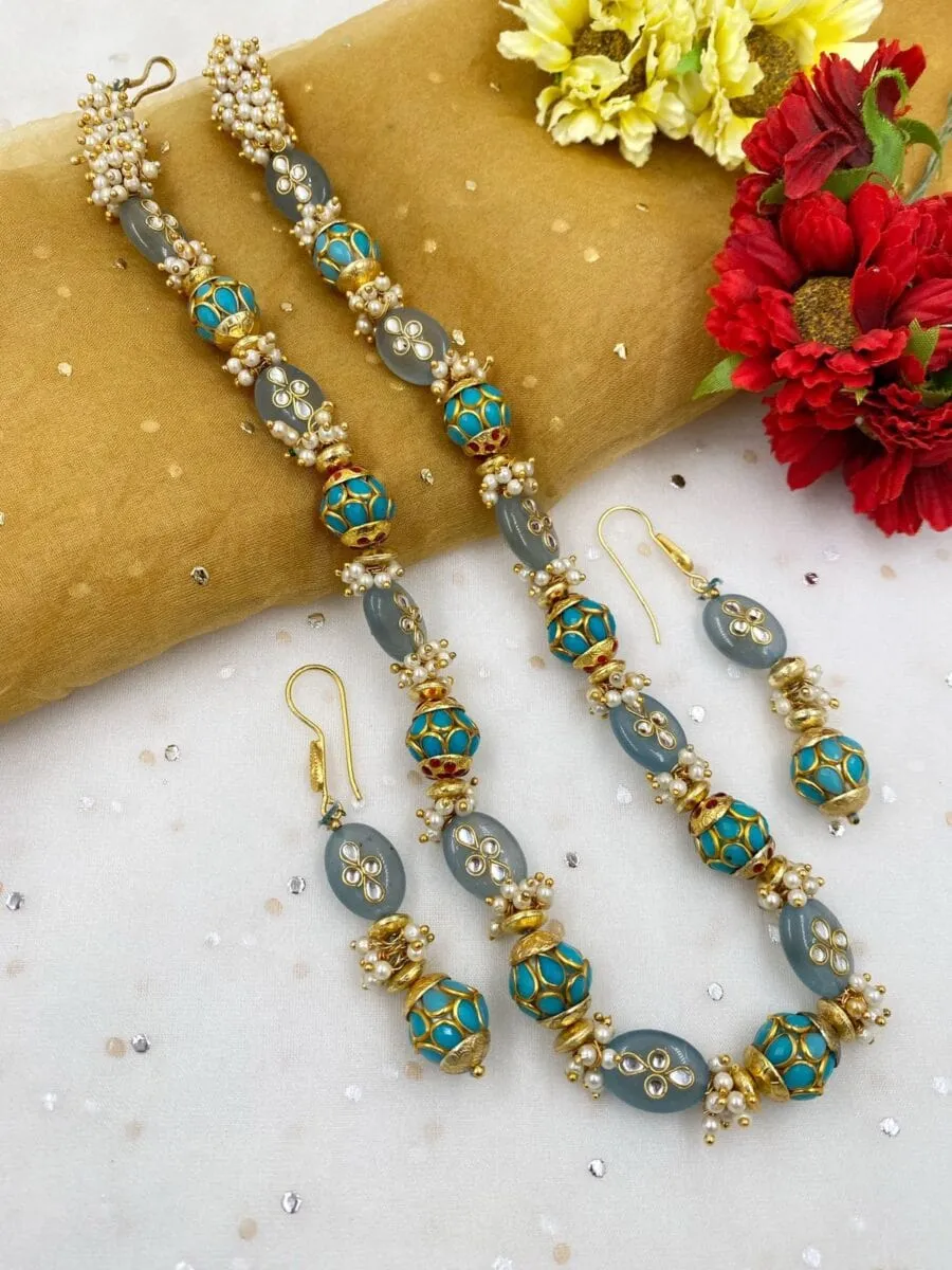 Designer Semi Precious Blue Jade And Pearls Fancy Beads Necklace By Gehna Shop
