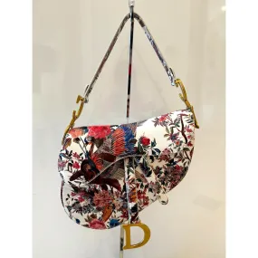 Dior Floral and Bird Print Leather Saddle Bag