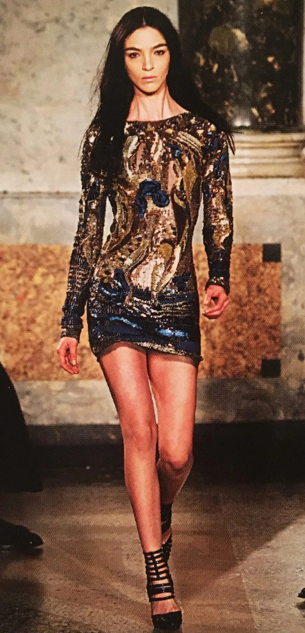 Emillio Pucci - Featured on Cover of Vogue - Gold and Blue Long Sleeve Embellished Open Back Dress - IT 42