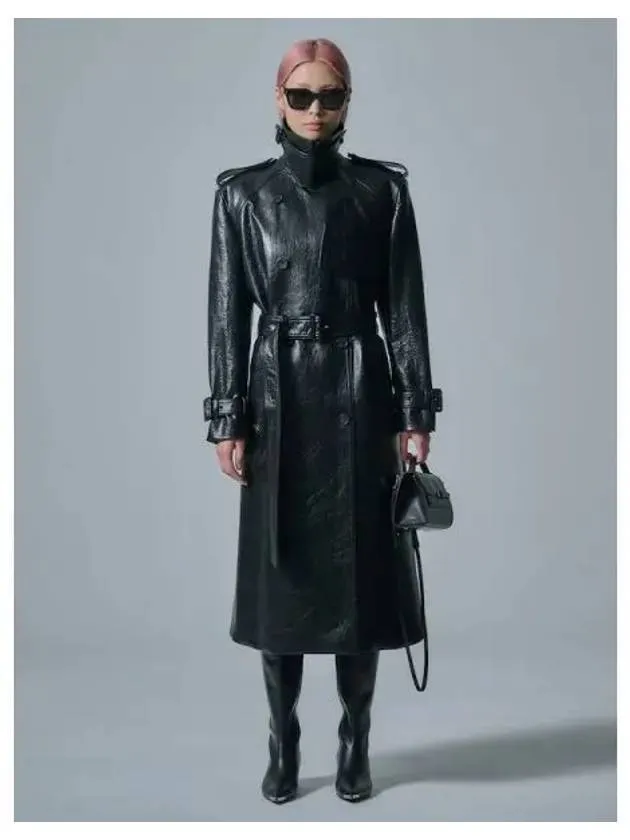 Fake leather trench coat black domestic product