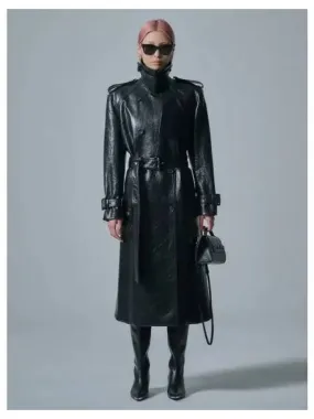 Fake leather trench coat black domestic product