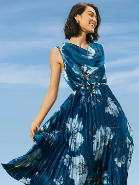 Floral Print Satin Cowl Neck Midi Dress With Belt