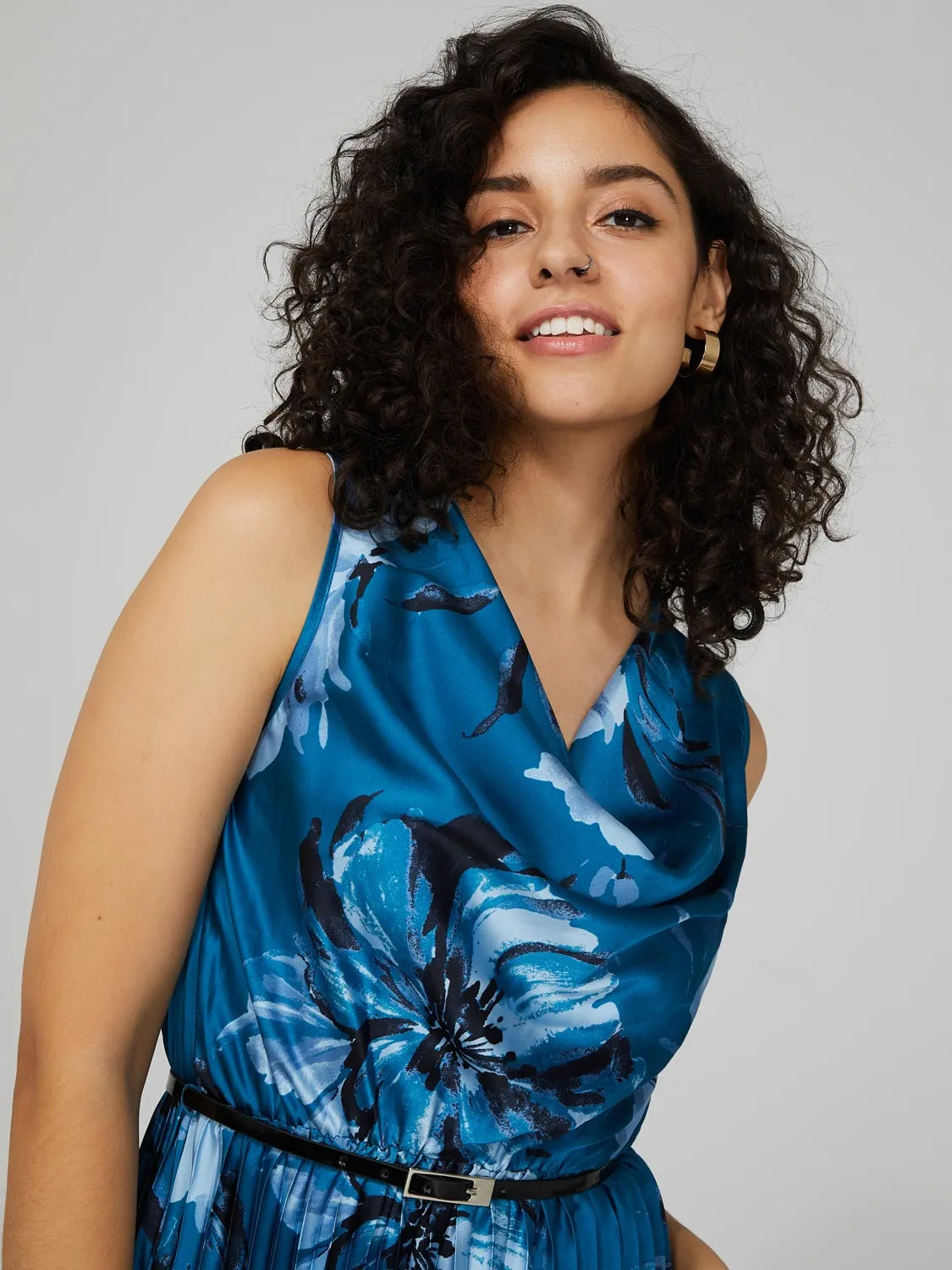 Floral Print Satin Cowl Neck Midi Dress With Belt