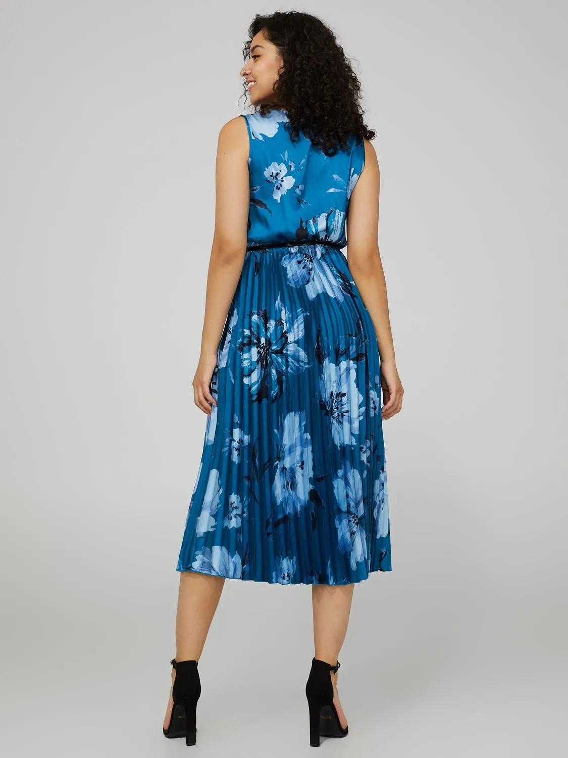 Floral Print Satin Cowl Neck Midi Dress With Belt