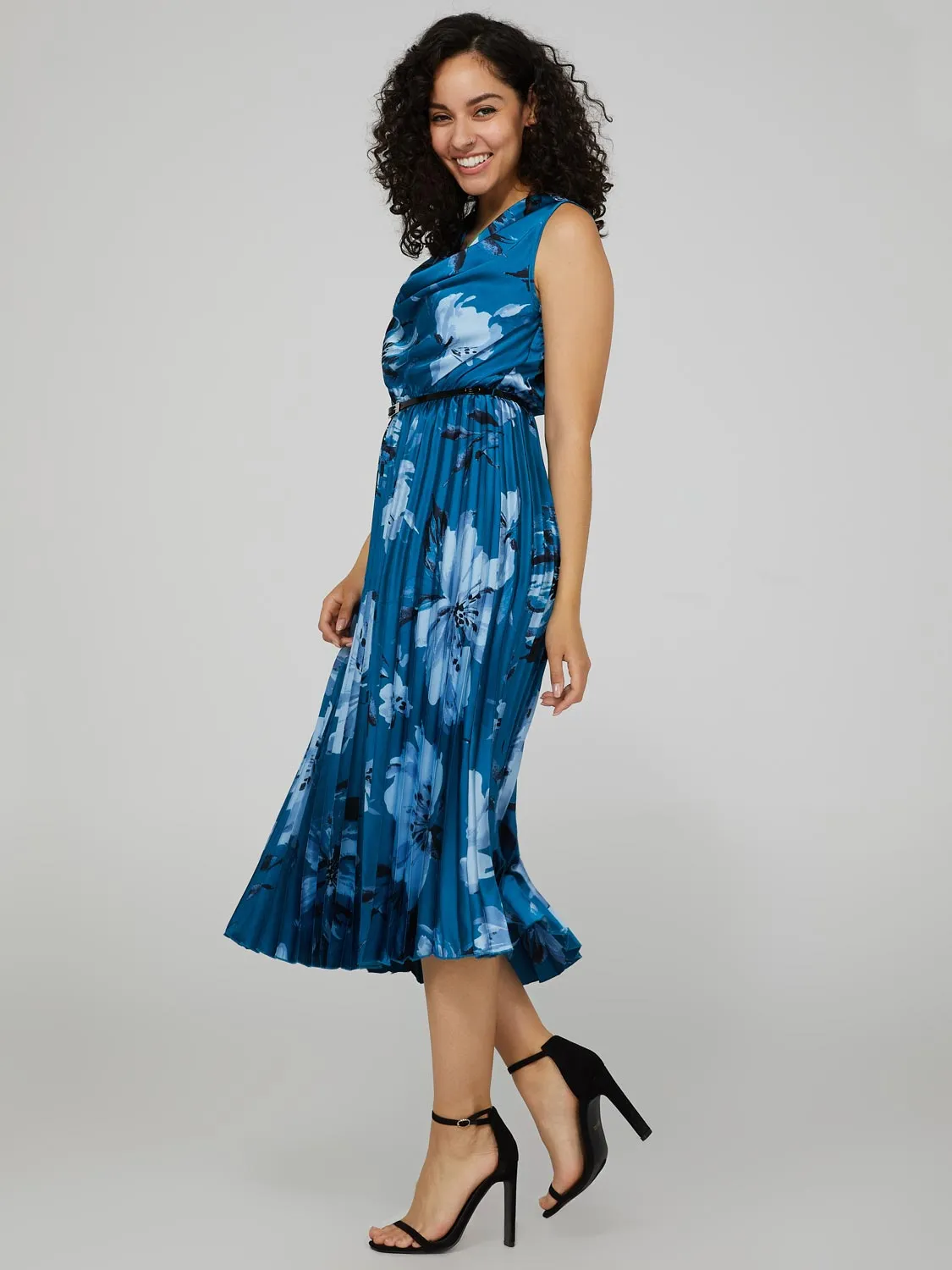 Floral Print Satin Cowl Neck Midi Dress With Belt