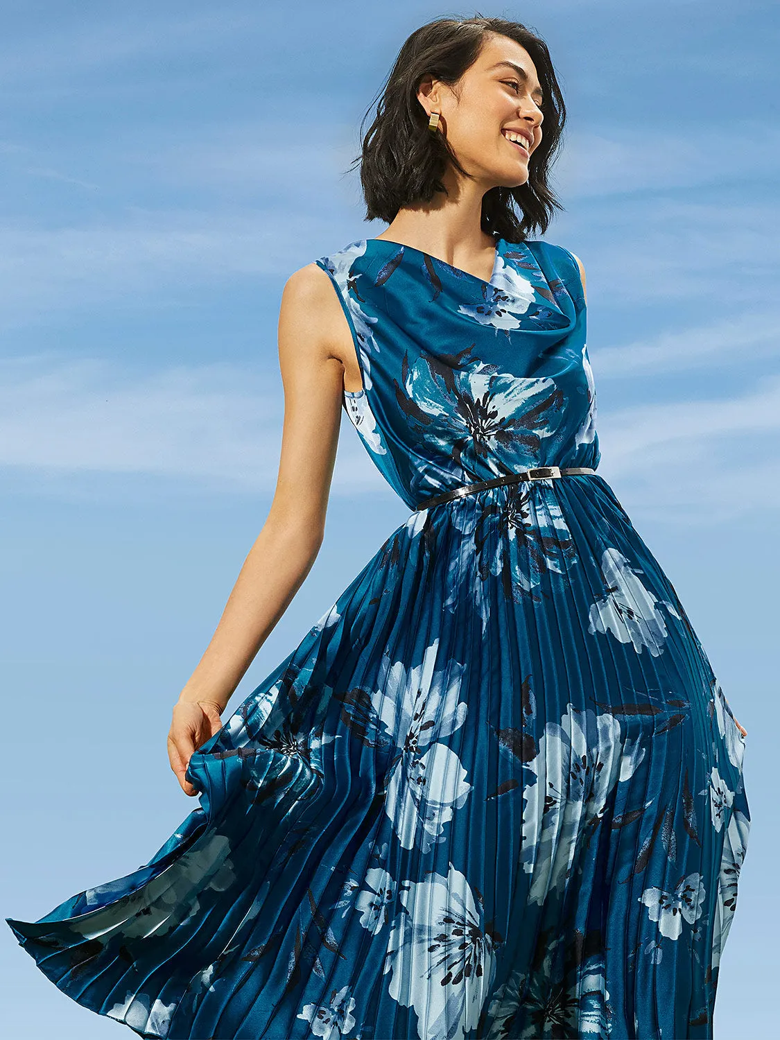 Floral Print Satin Cowl Neck Midi Dress With Belt