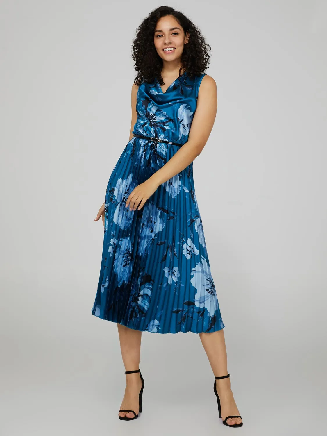 Floral Print Satin Cowl Neck Midi Dress With Belt