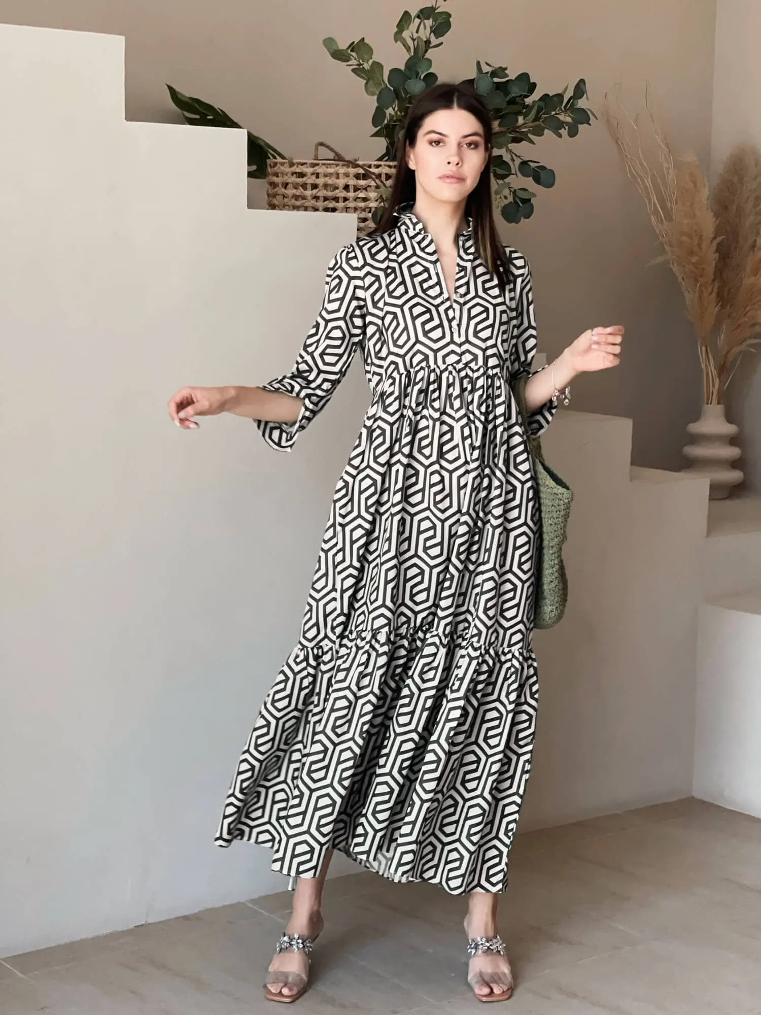 Geo Long Printed Dress In Black