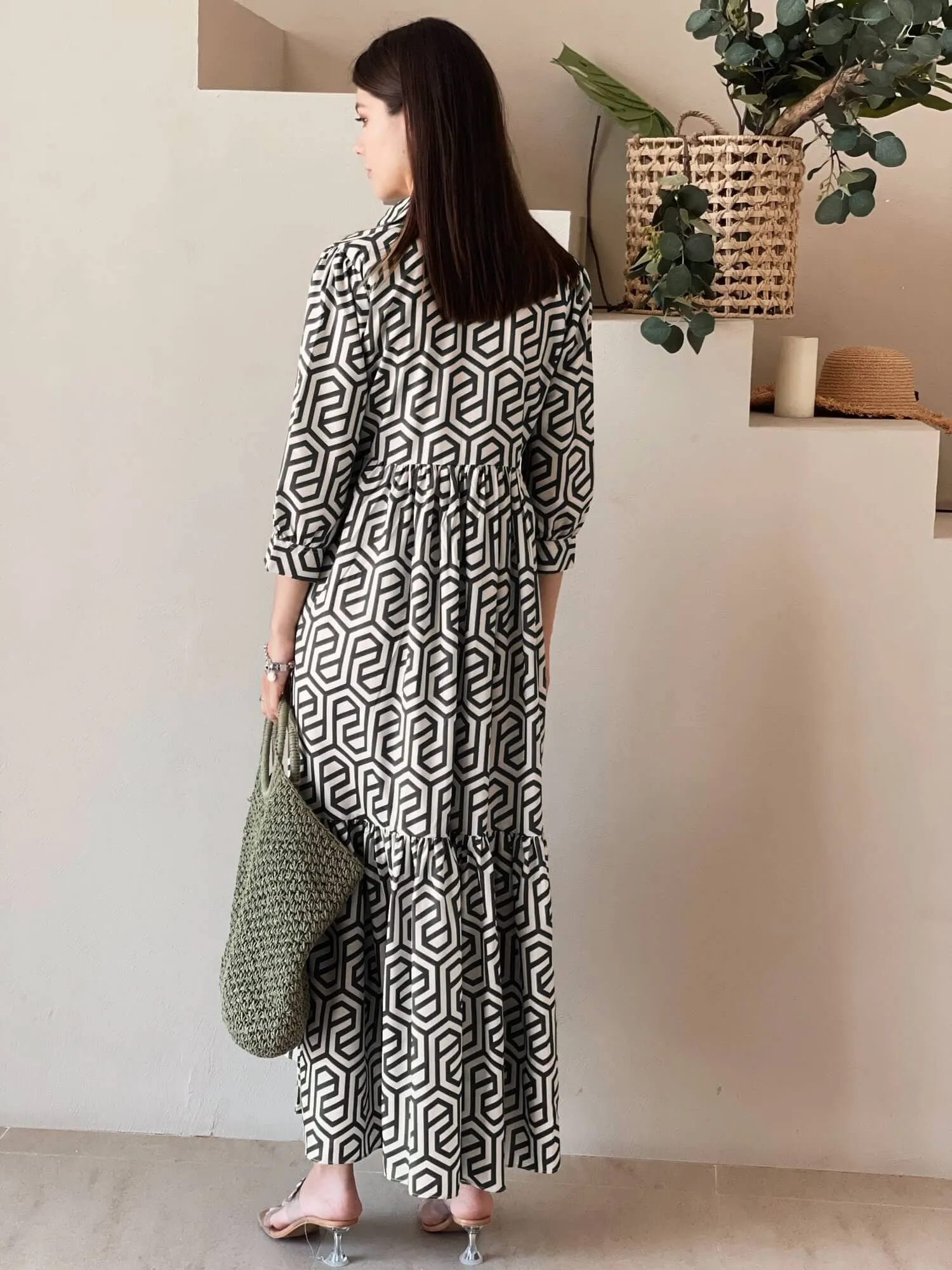 Geo Long Printed Dress In Black