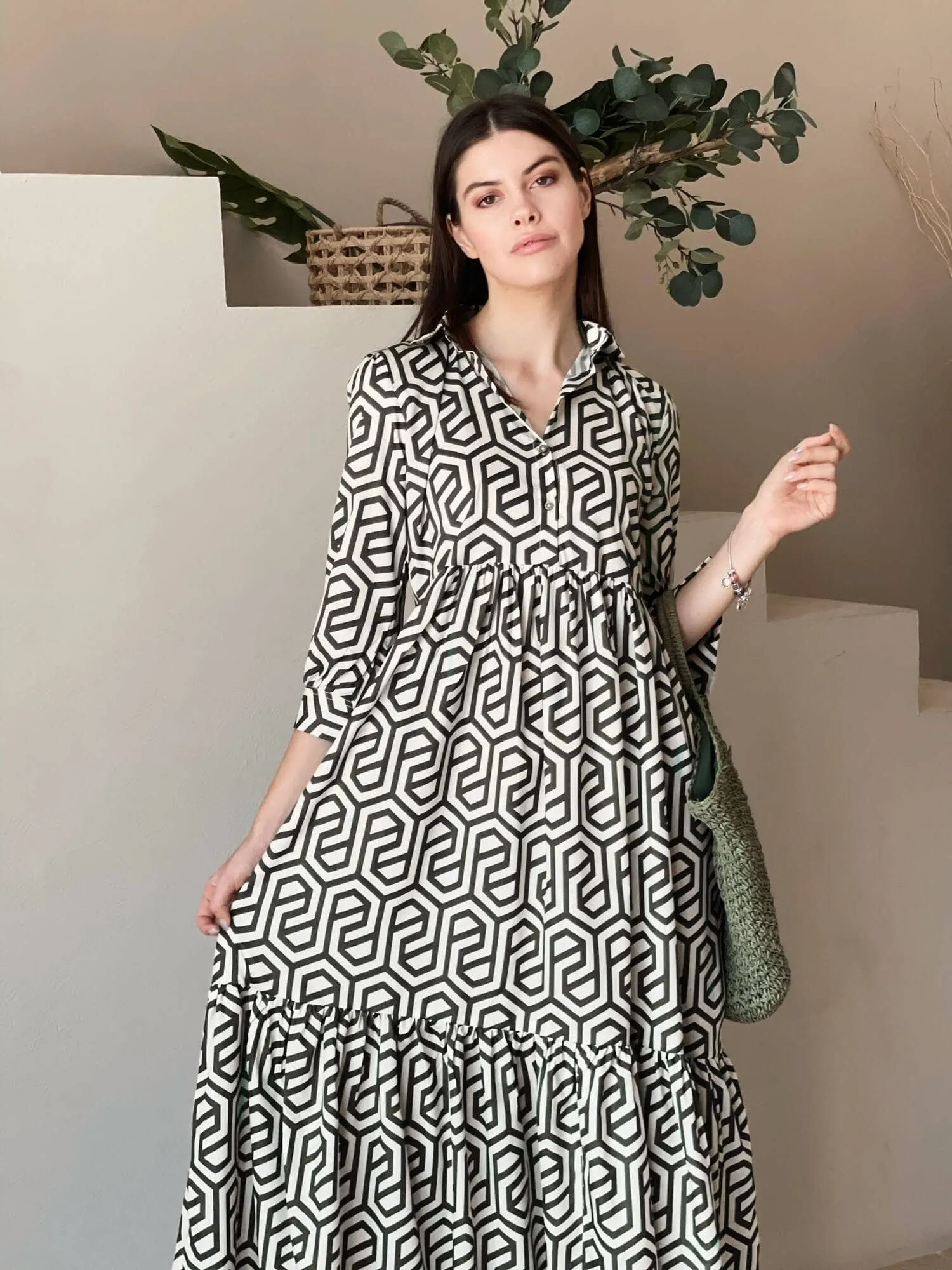 Geo Long Printed Dress In Black