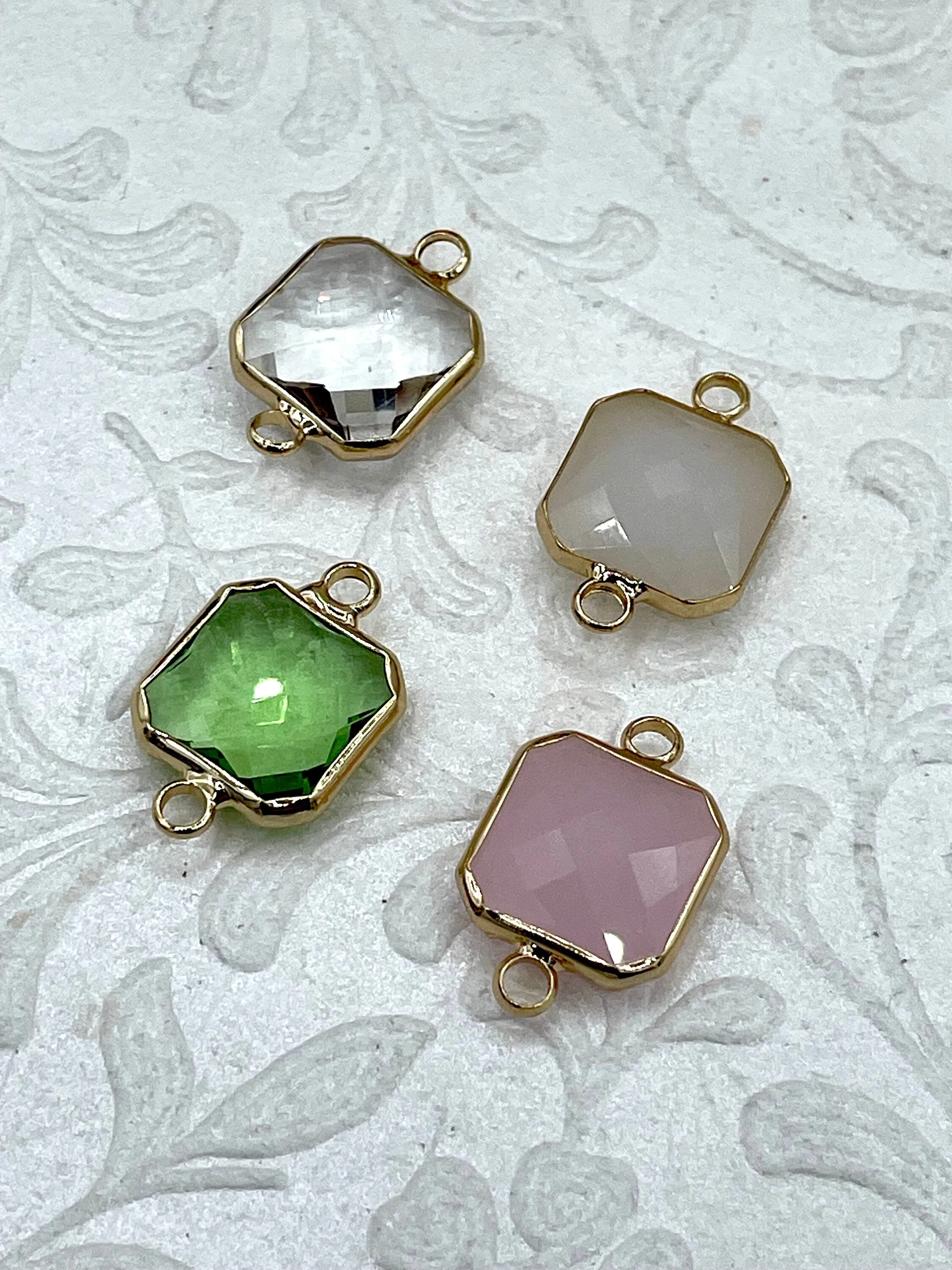Gold Trimmed Colorful Square Crystals, Gold trimmed Connectors, Gold Trimmed Crystal Charm/connectors. Colorful Crystals 8 Styles, Fast Ship