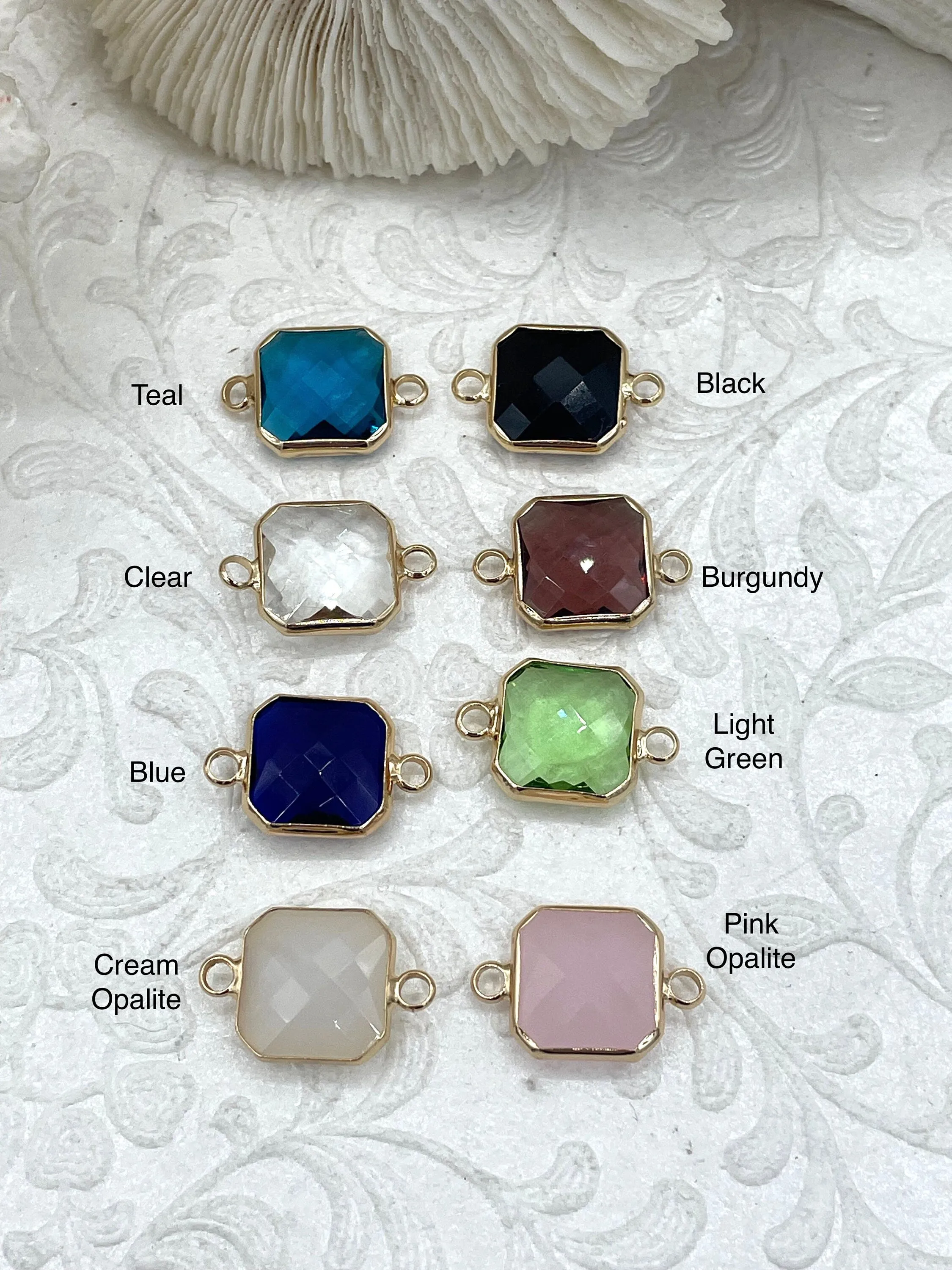 Gold Trimmed Colorful Square Crystals, Gold trimmed Connectors, Gold Trimmed Crystal Charm/connectors. Colorful Crystals 8 Styles, Fast Ship