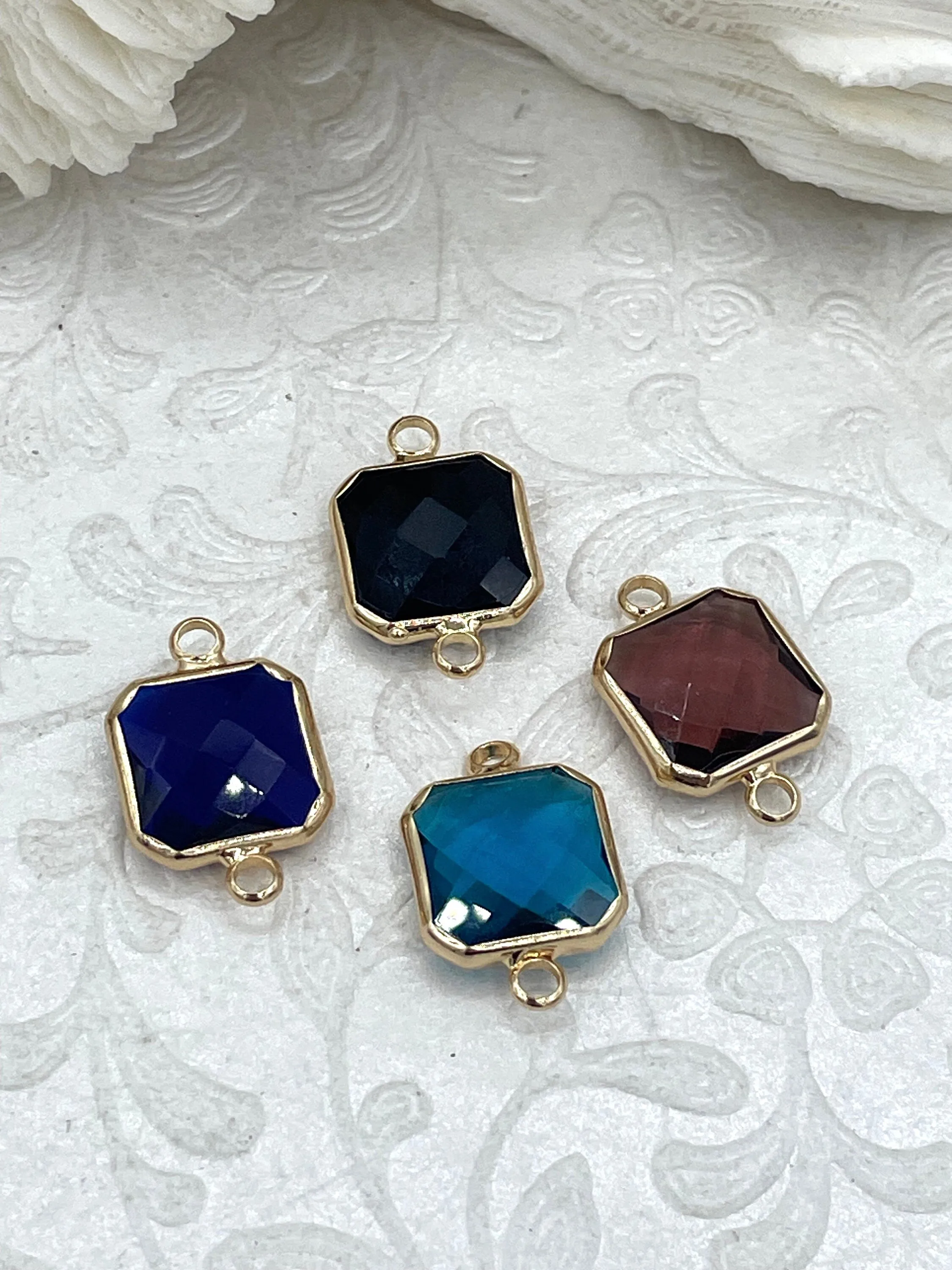 Gold Trimmed Colorful Square Crystals, Gold trimmed Connectors, Gold Trimmed Crystal Charm/connectors. Colorful Crystals 8 Styles, Fast Ship
