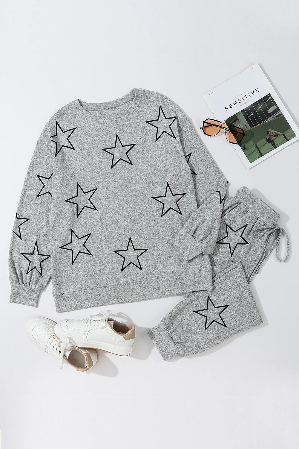 Gray Stars Print Long Sleeve Drawstring High Waist Lounge Set