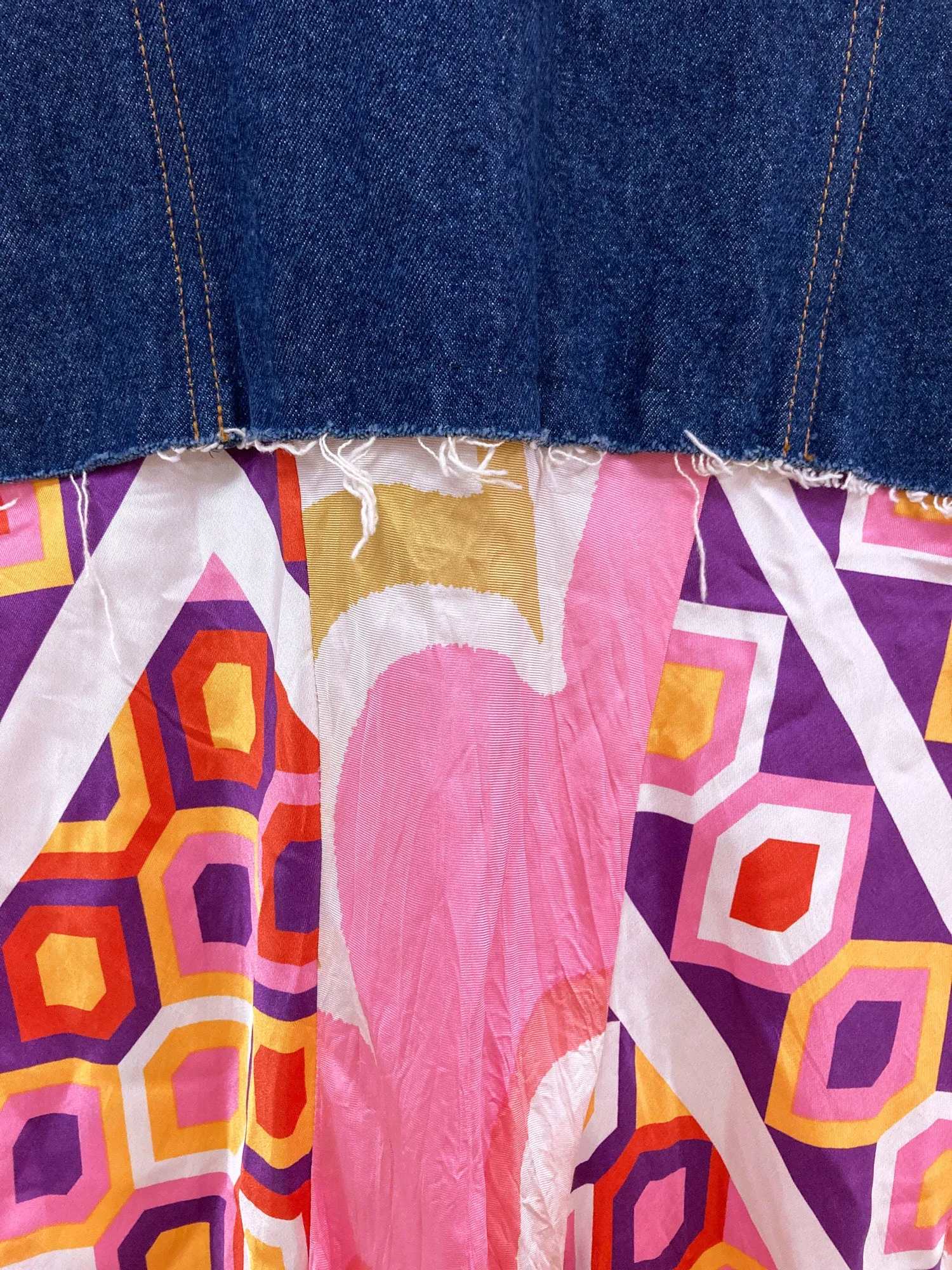 Junya Watanabe SS2001 denim vest dress with patterned silk skirt and sleeves