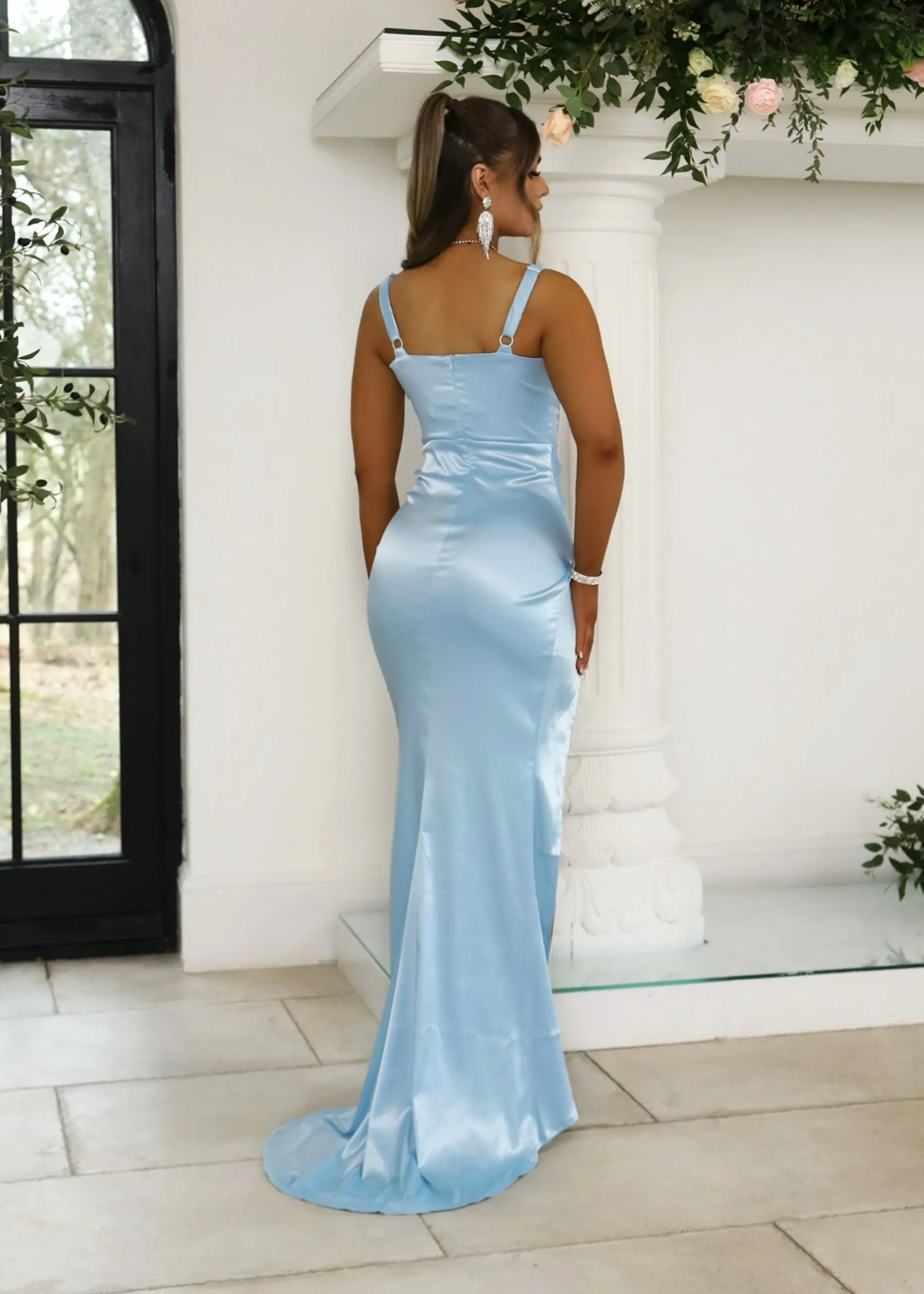 Lennox Corset Satin Split Gown - Light Blue