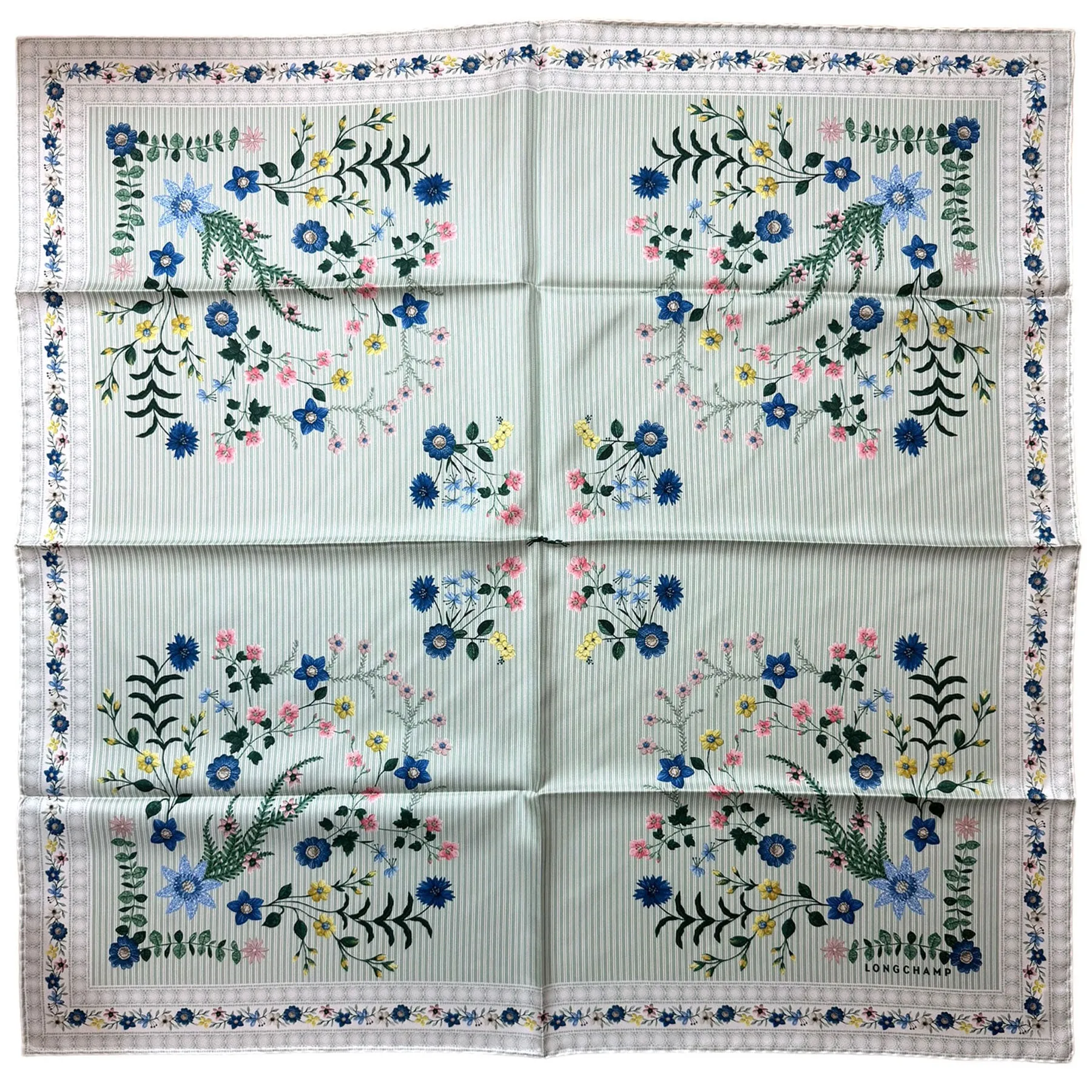Longchamp Silk Scarf Green Blue Pink Floral Design - Square Foulard