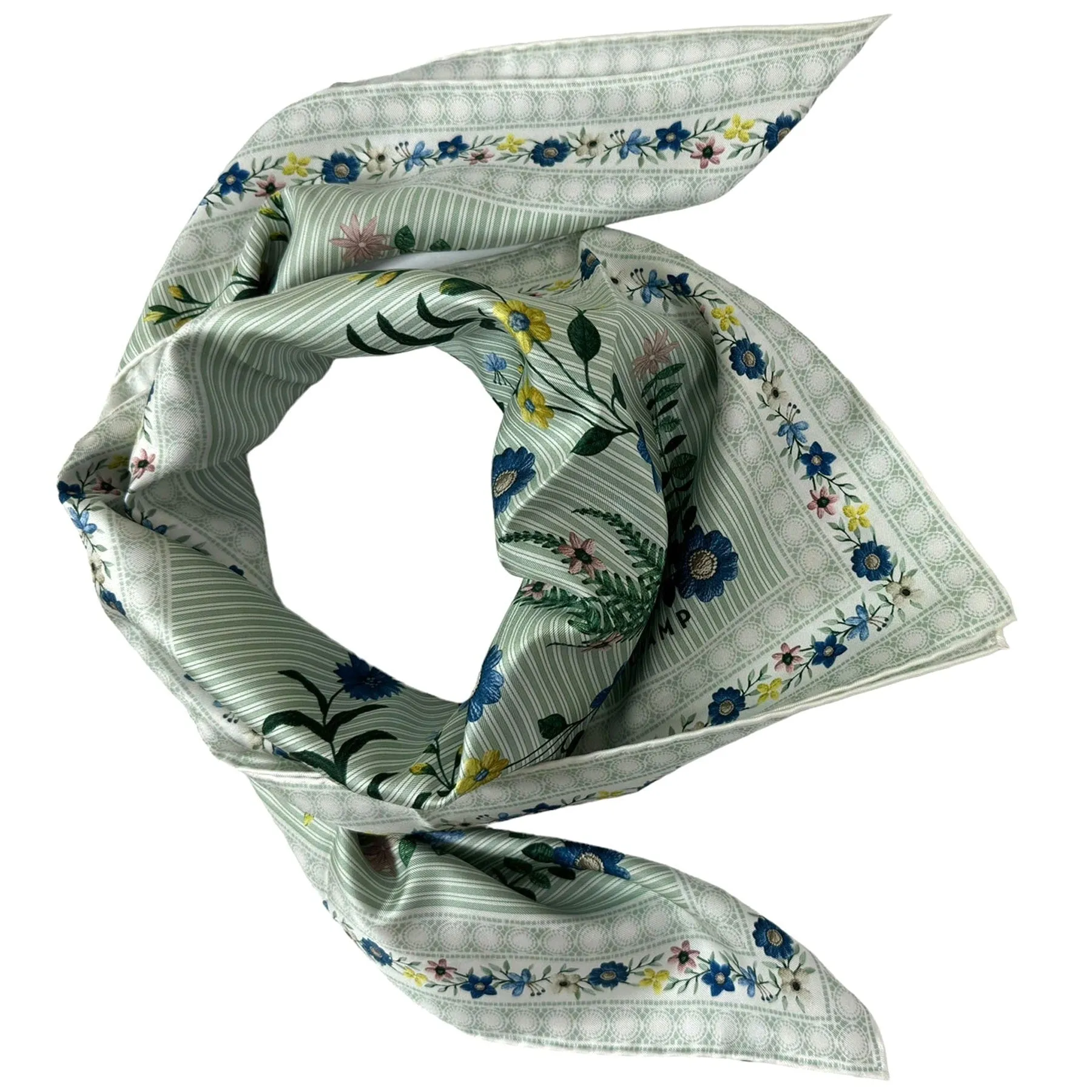 Longchamp Silk Scarf Green Blue Pink Floral Design - Square Foulard