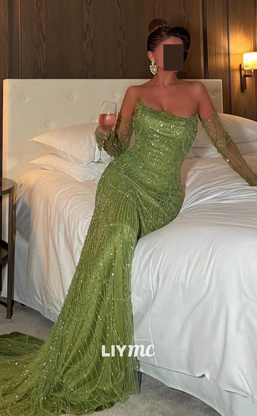 LP1369 - Off-Shoulder Strapless Beade Fringe Sparkly Mermaid Prom Dress