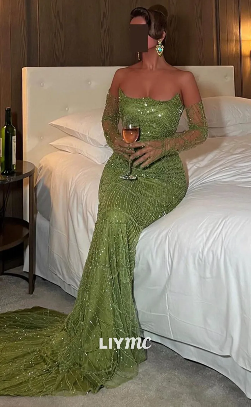 LP1369 - Off-Shoulder Strapless Beade Fringe Sparkly Mermaid Prom Dress