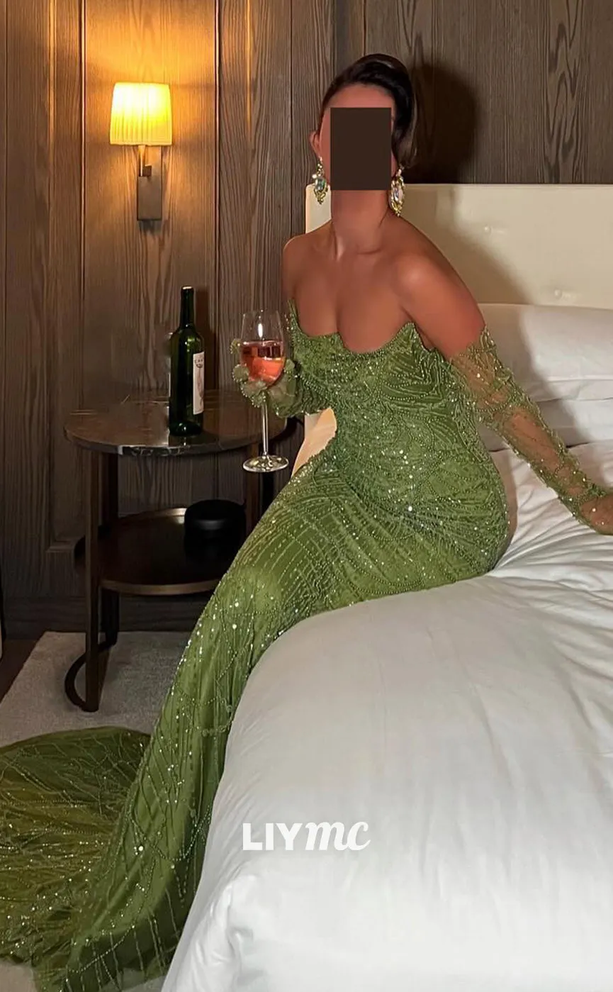 LP1369 - Off-Shoulder Strapless Beade Fringe Sparkly Mermaid Prom Dress