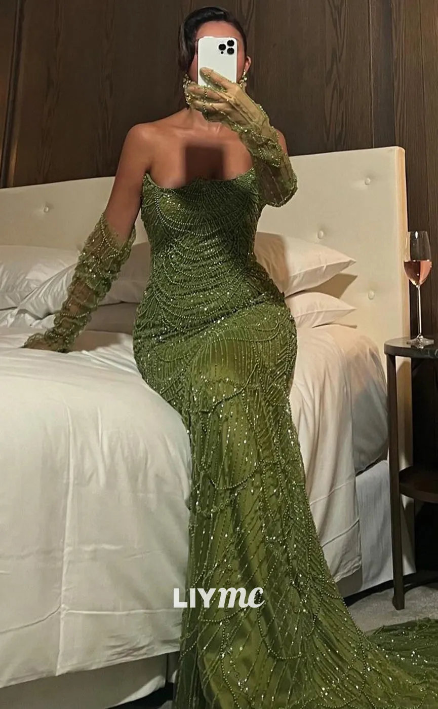 LP1369 - Off-Shoulder Strapless Beade Fringe Sparkly Mermaid Prom Dress
