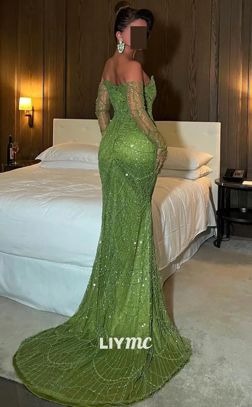 LP1369 - Off-Shoulder Strapless Beade Fringe Sparkly Mermaid Prom Dress