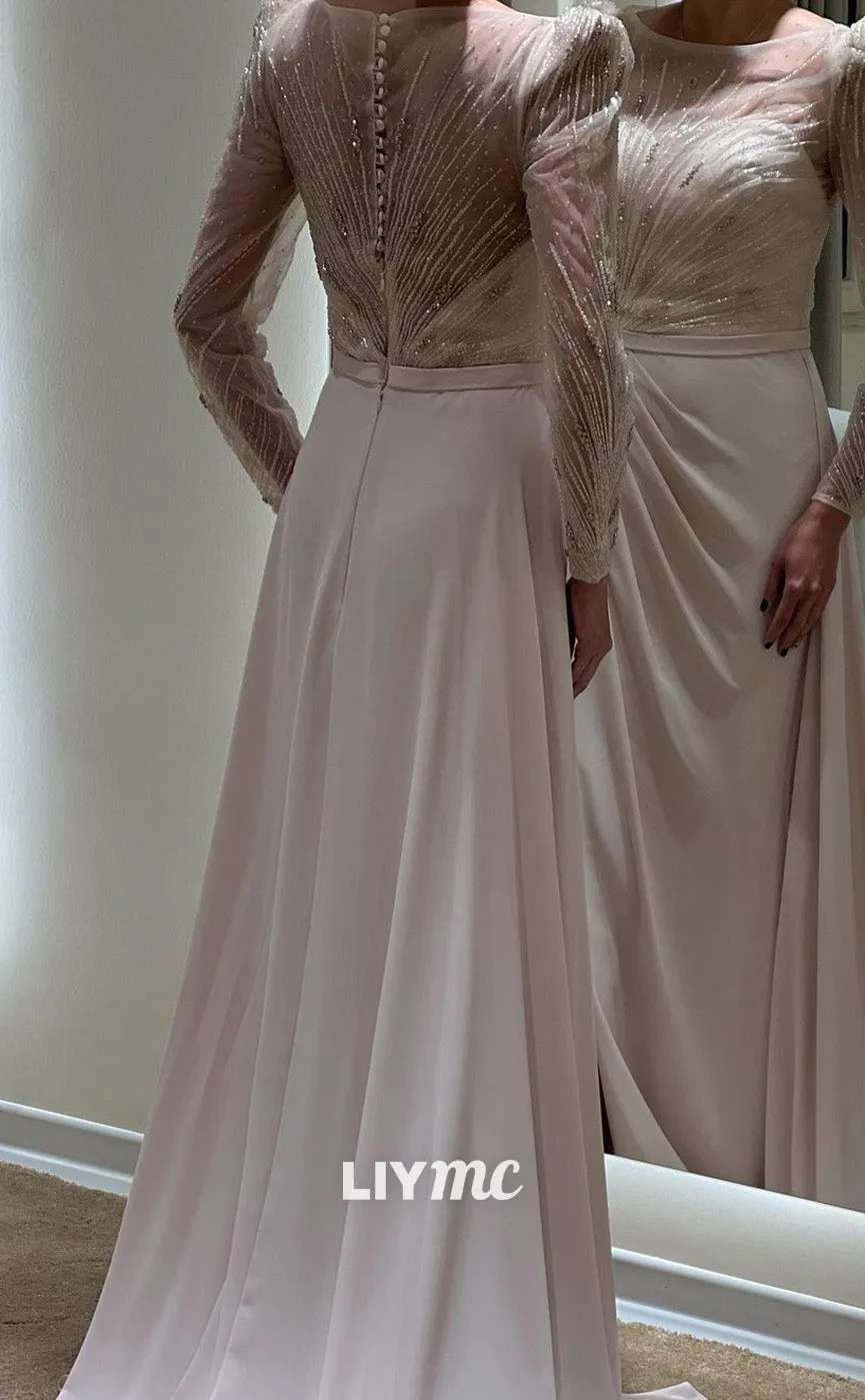 LP1840 - Bateau Long Sleeves Beaded Ruched Sleek Satin Sparkly Prom Dress
