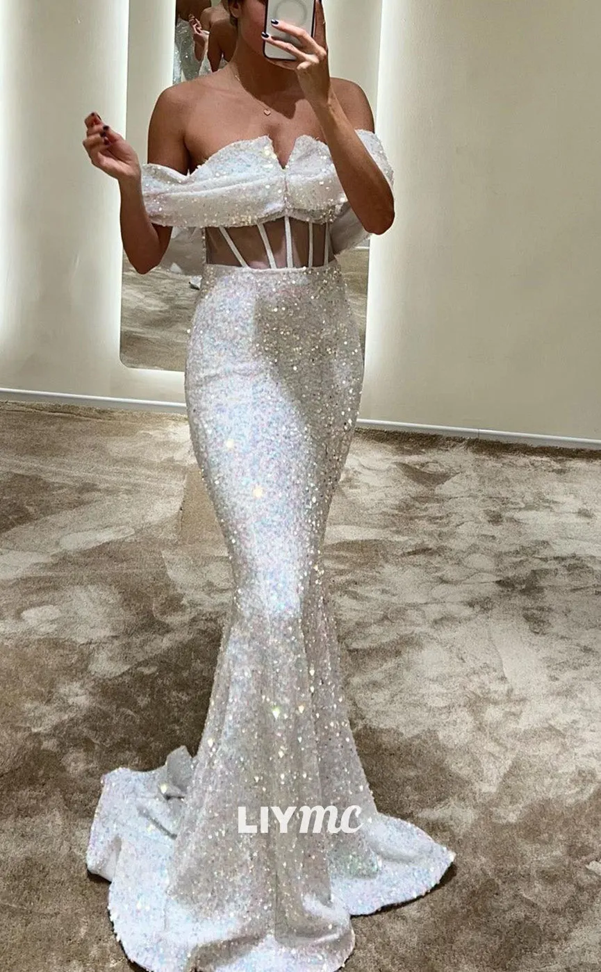LP1845 - Sexy Off-Shoulder Sequins Sheer Sheath Mermaid Sparkly Prom Dress