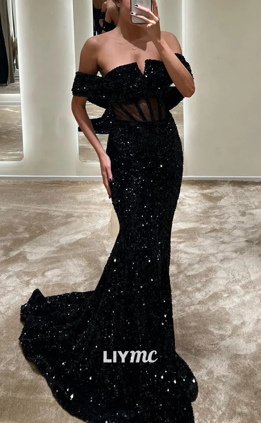 LP1845 - Sexy Off-Shoulder Sequins Sheer Sheath Mermaid Sparkly Prom Dress