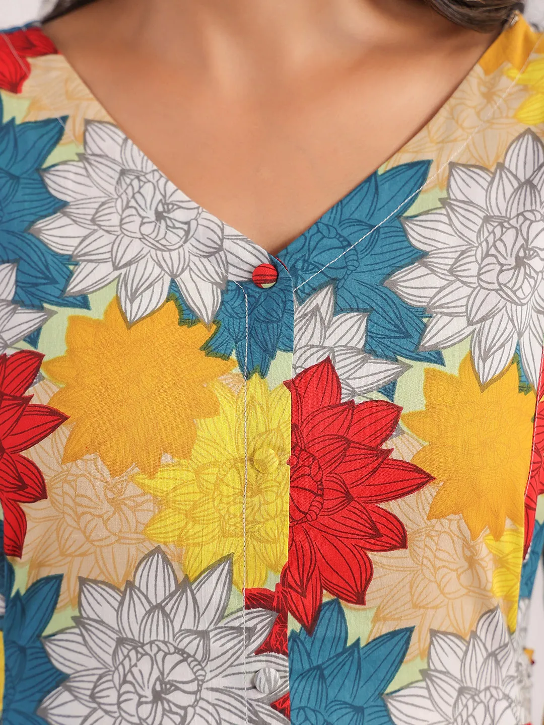 Multicolour Cotton Floral Panelled Flared Dress