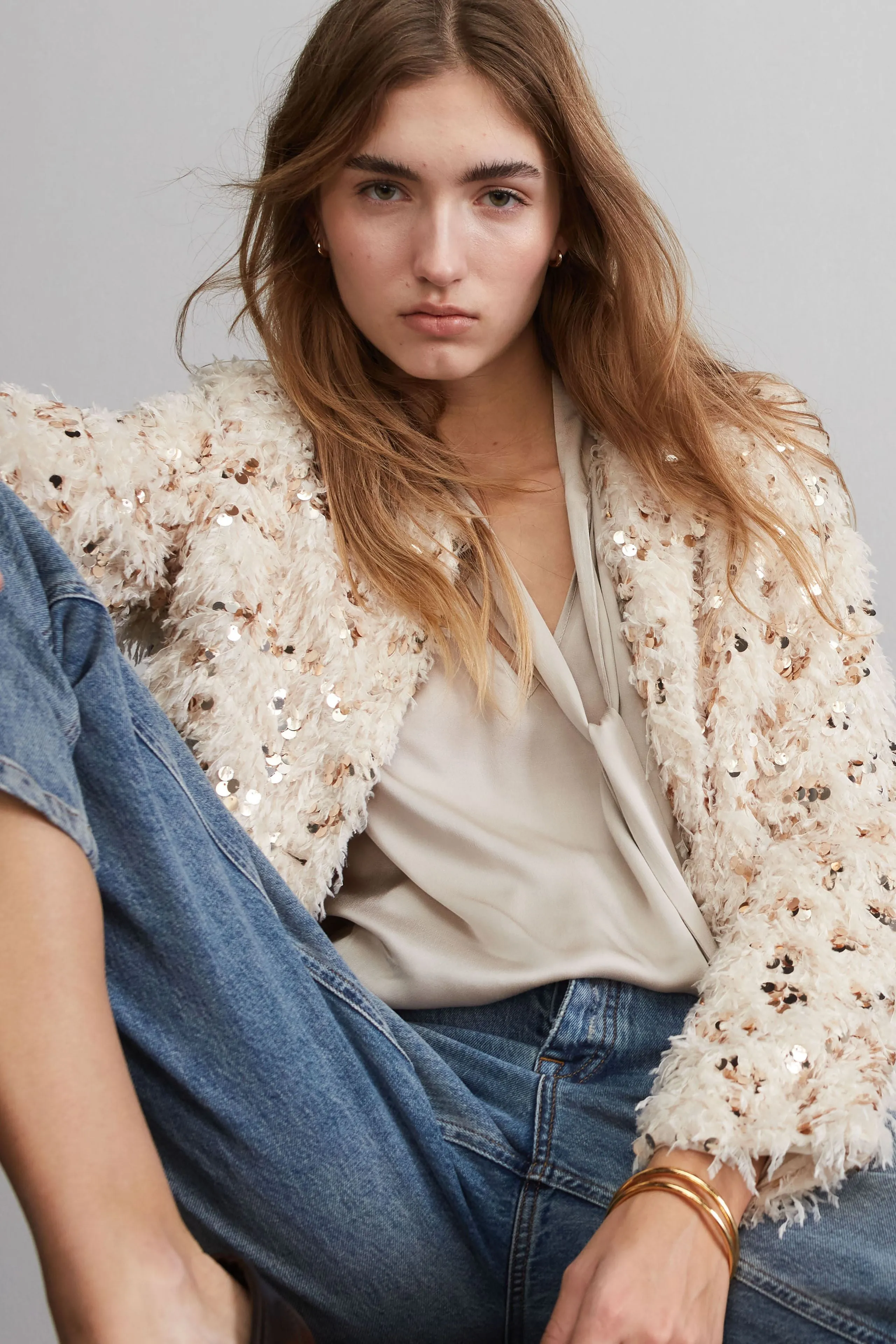 Oui Cream Feather Sequin Trim Jacket
