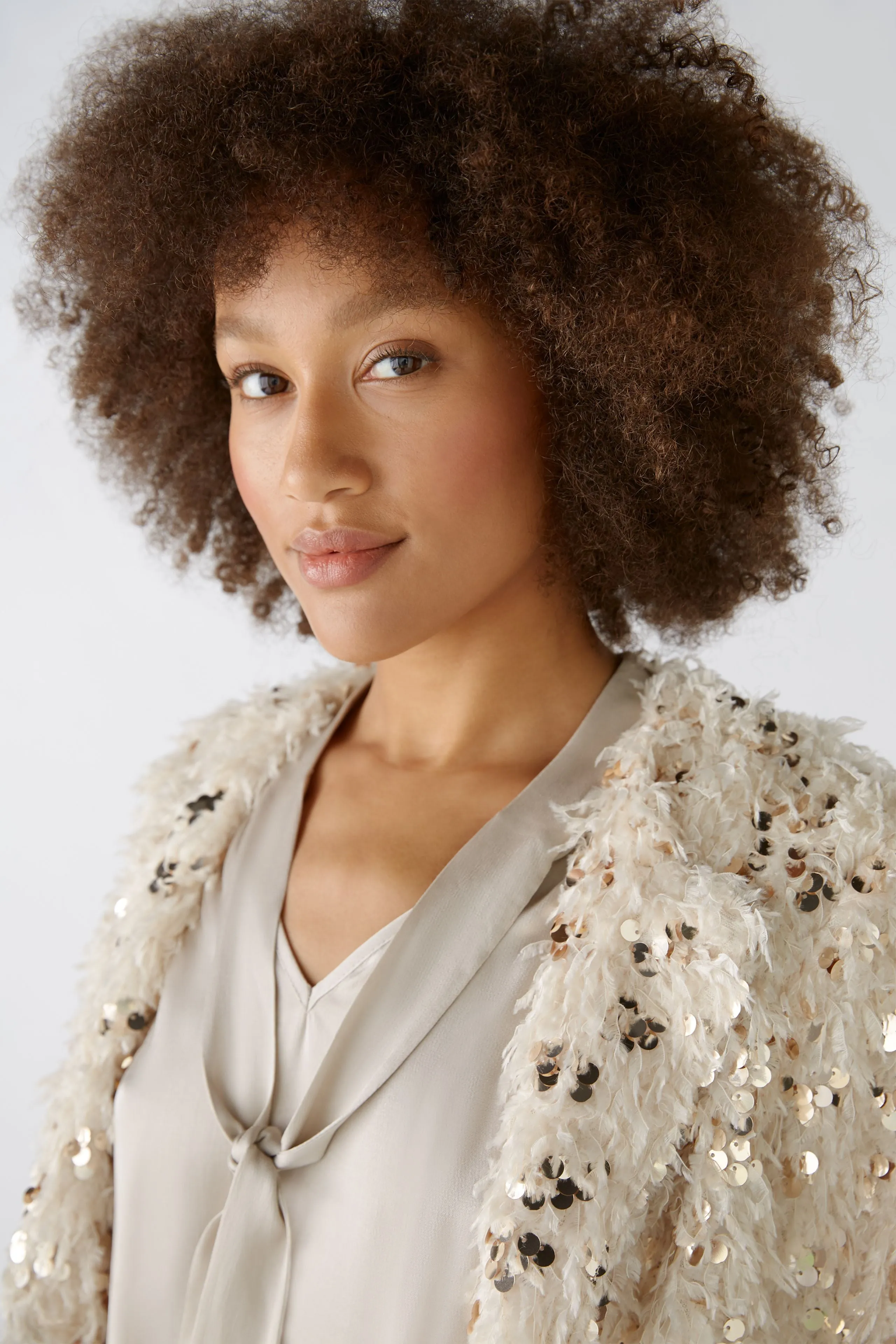 Oui Cream Feather Sequin Trim Jacket