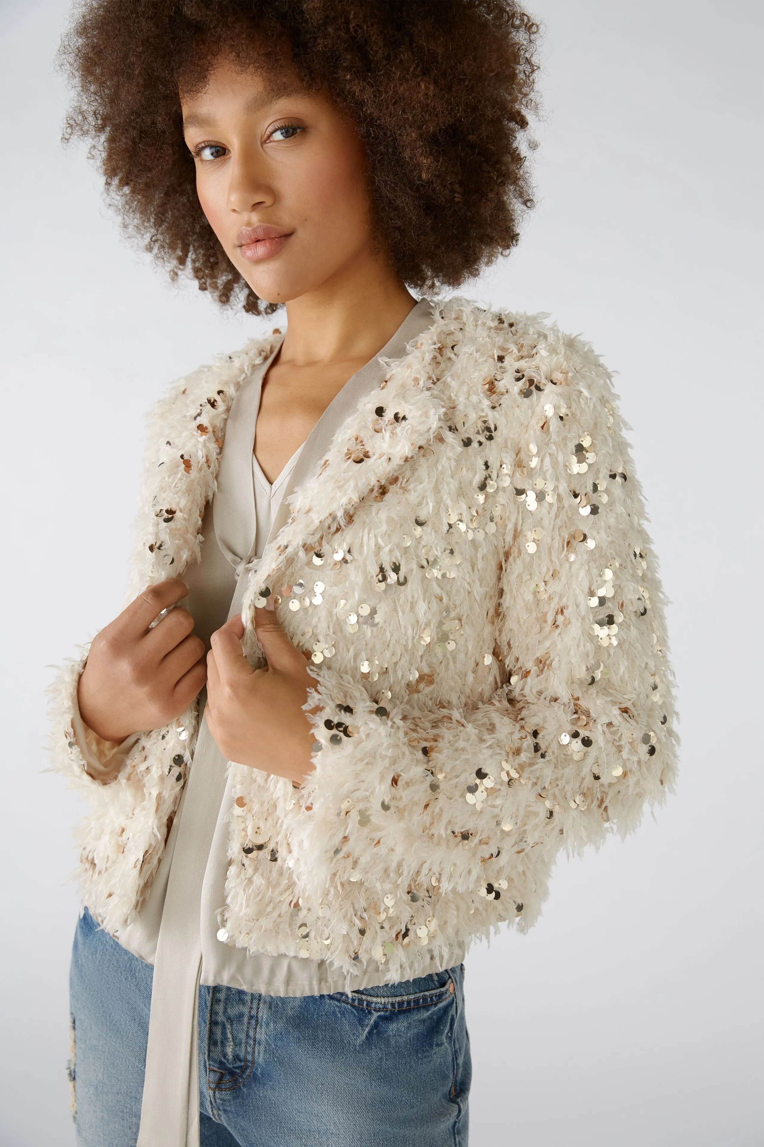 Oui Cream Feather Sequin Trim Jacket