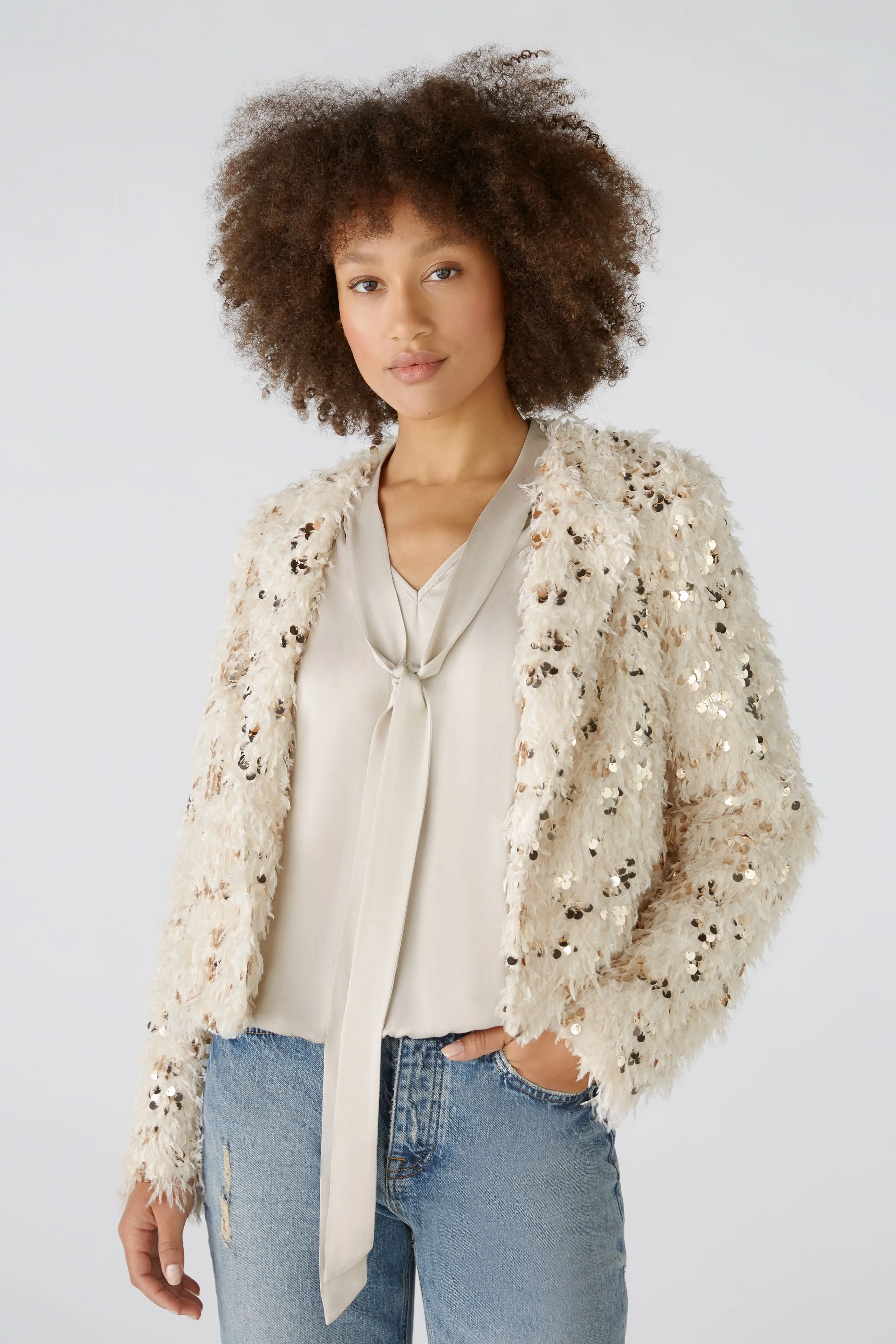 Oui Cream Feather Sequin Trim Jacket