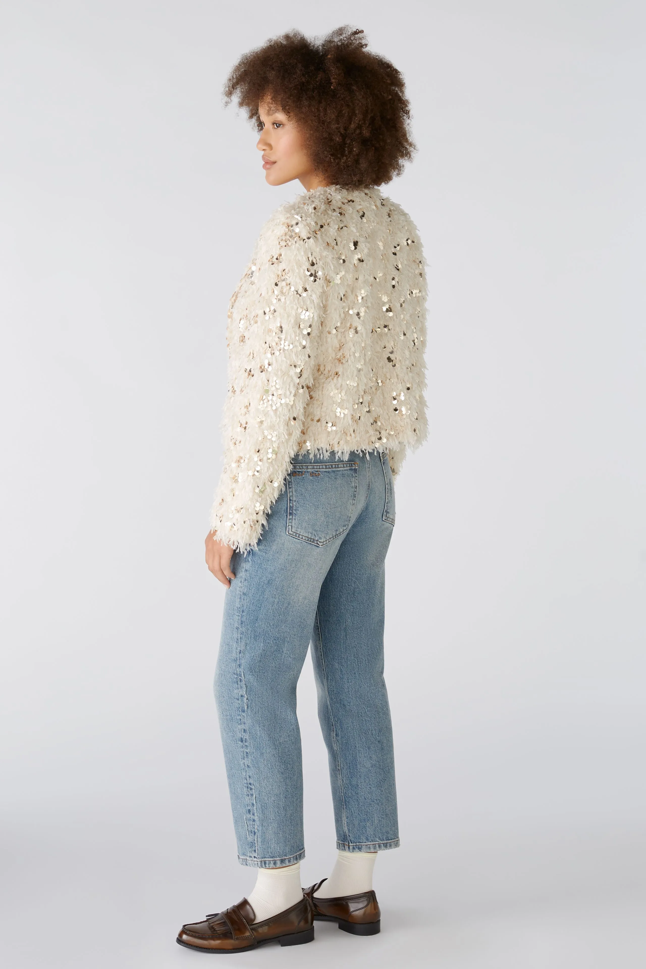 Oui Cream Feather Sequin Trim Jacket