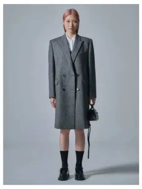 Over shoulder tweed low rise double long coat gray domestic product