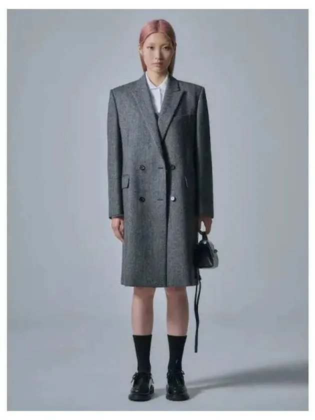 Over shoulder tweed low rise double long coat gray domestic product