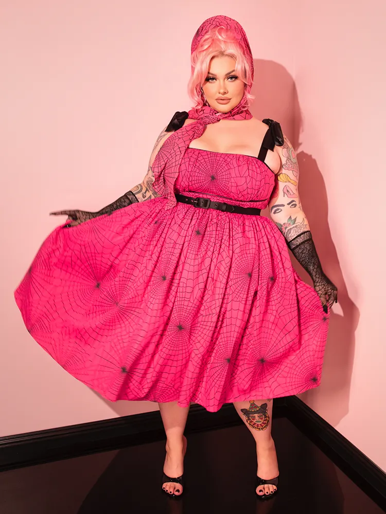 PRE-ORDER - 1950s Swing Sundress and Scarf in Hot Pink Spider Web Print - Vixen by Micheline Pitt