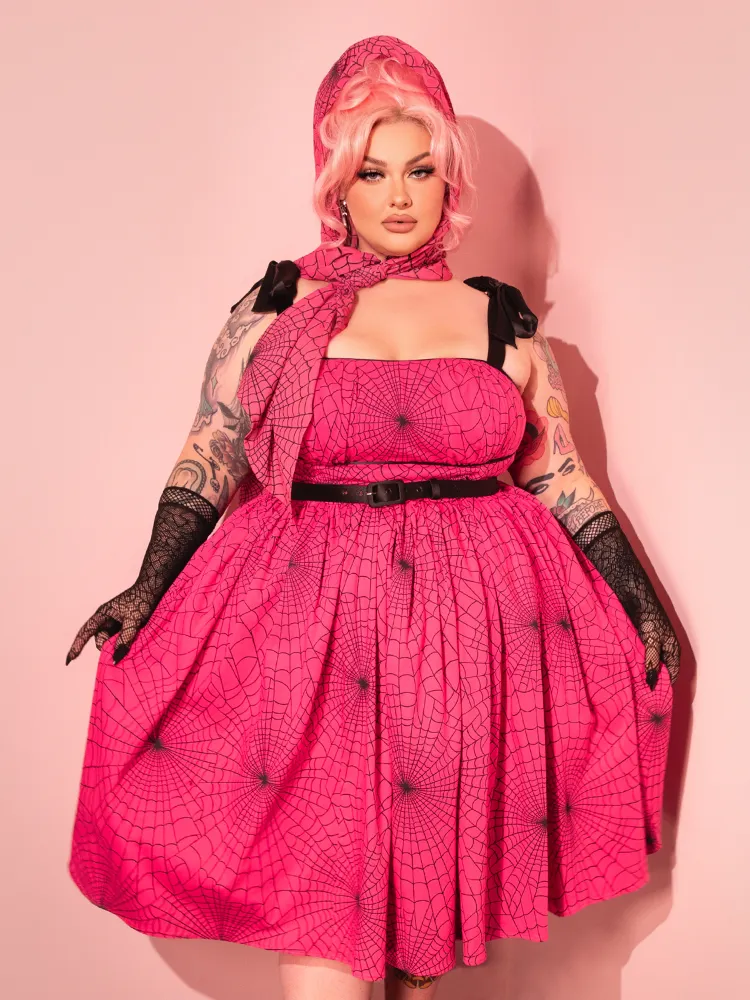 PRE-ORDER - 1950s Swing Sundress and Scarf in Hot Pink Spider Web Print - Vixen by Micheline Pitt