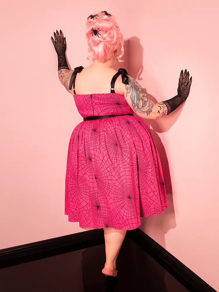 PRE-ORDER - 1950s Swing Sundress and Scarf in Hot Pink Spider Web Print - Vixen by Micheline Pitt