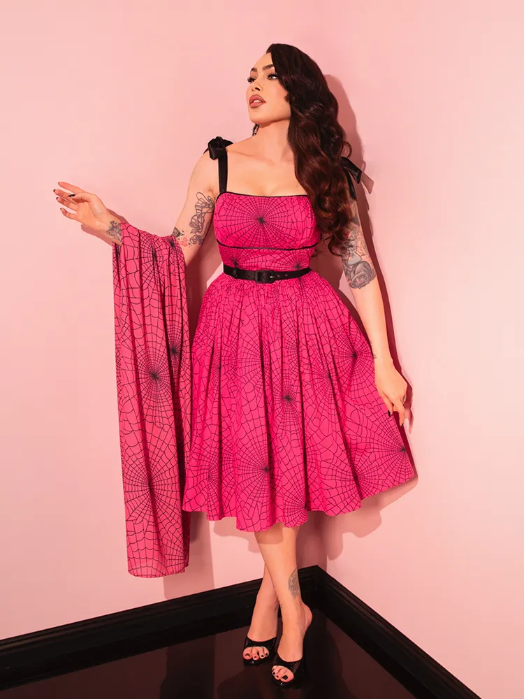 PRE-ORDER - 1950s Swing Sundress and Scarf in Hot Pink Spider Web Print - Vixen by Micheline Pitt