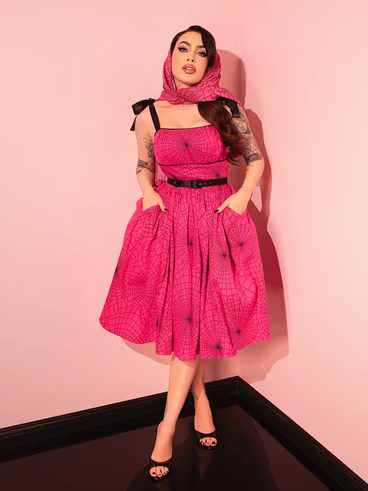 PRE-ORDER - 1950s Swing Sundress and Scarf in Hot Pink Spider Web Print - Vixen by Micheline Pitt